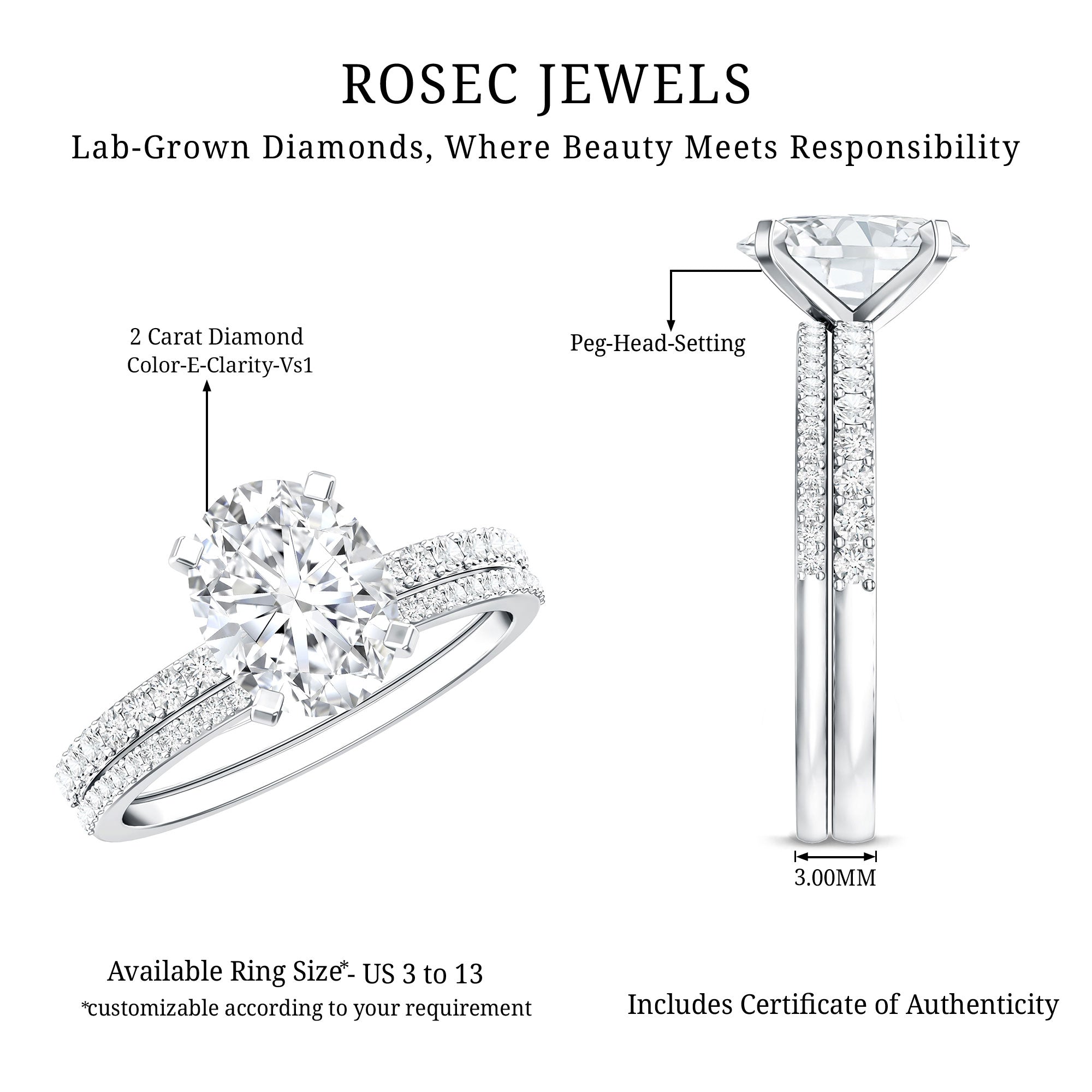 IGI Certified 2 Carat Lab Grown Diamond Oval Wedding Ring Set Lab - ( E-VS1 ) - Rosec Jewels
