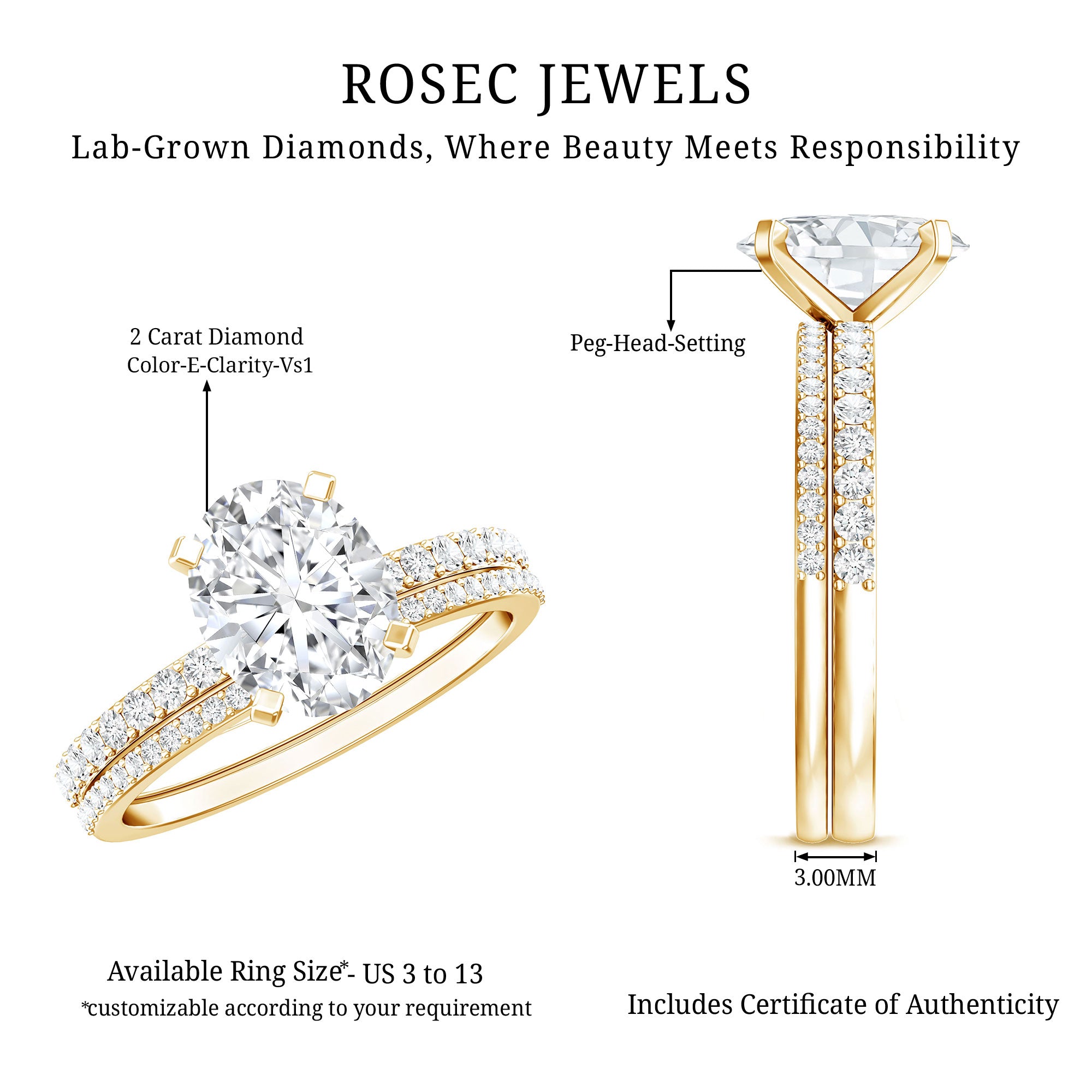 IGI Certified 2 Carat Lab Grown Diamond Oval Wedding Ring Set Lab - ( E-VS1 ) - Rosec Jewels