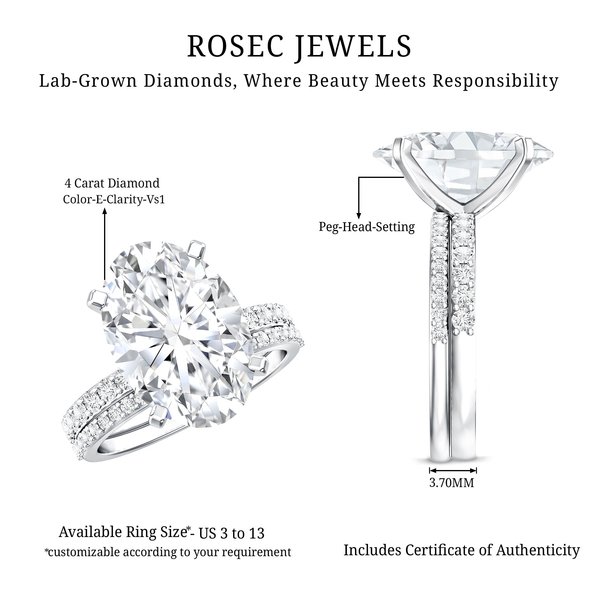 4 Carat Huge Oval Lab Grown Diamond Solitaire Bridal Ring Set with IGI Certificate Lab - ( E-VS1 ) - Rosec Jewels