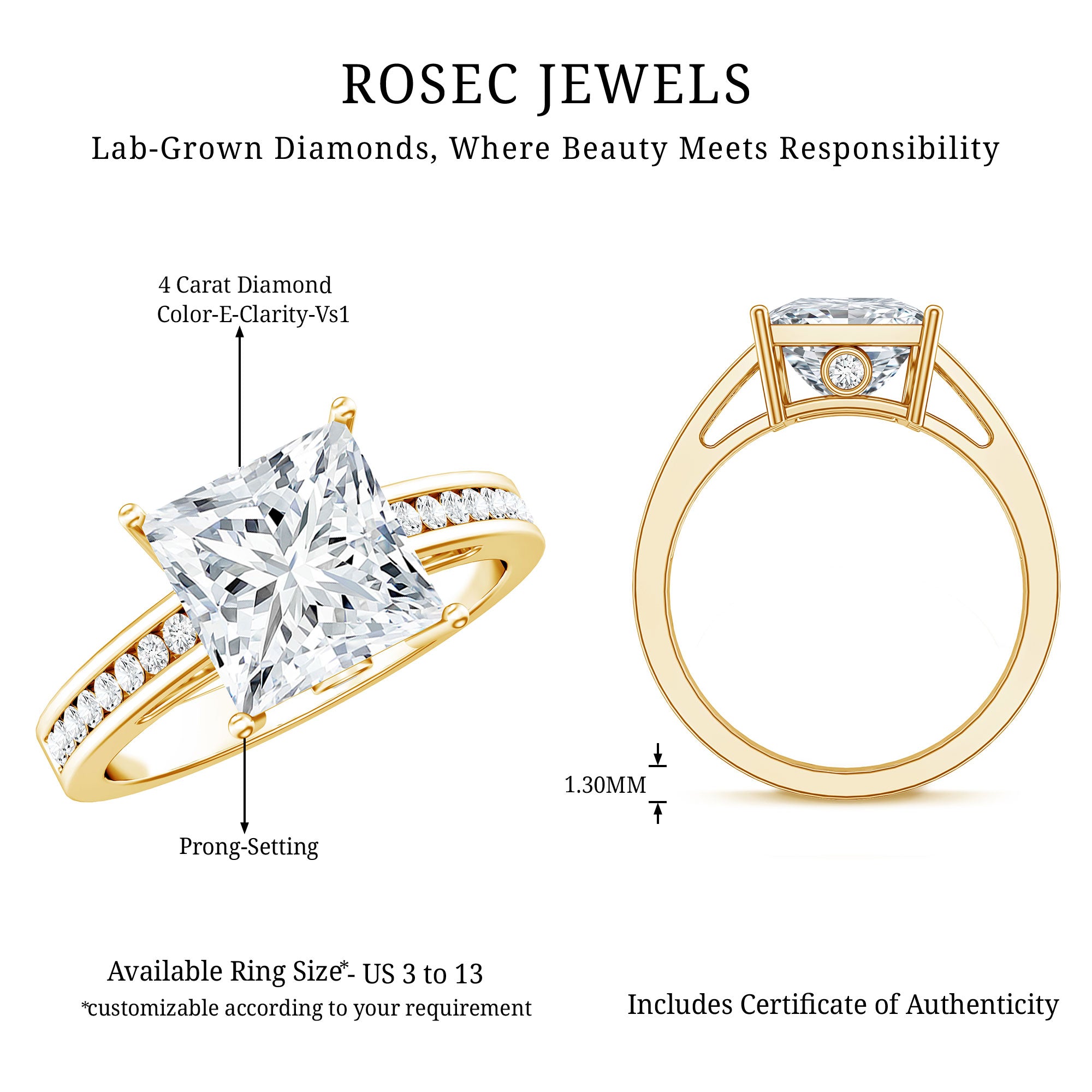 Solitaire Princess Cut Lab Grown Diamond Engagement Ring 4 Carat IGI Certified Lab - ( E-VS1 ) - Rosec Jewels