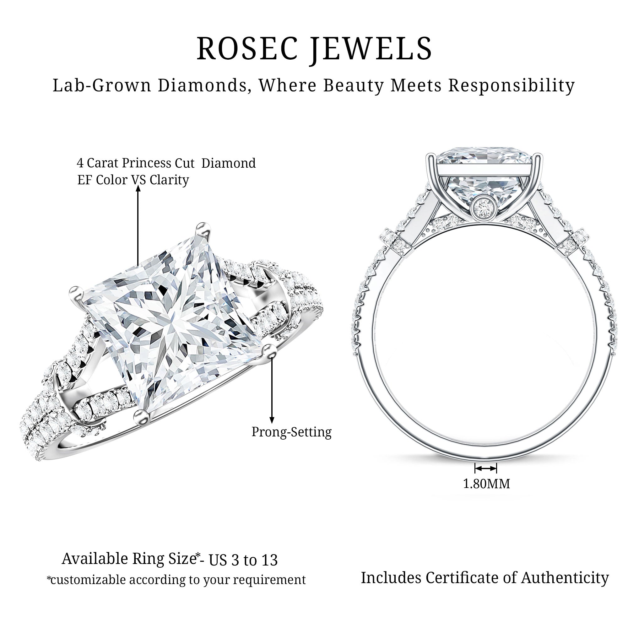 IGI Certified Princess Cut Lab Grown Diamond 4 Carat Engagement Ring in Split Shank Lab - ( E-VS1 ) - Rosec Jewels