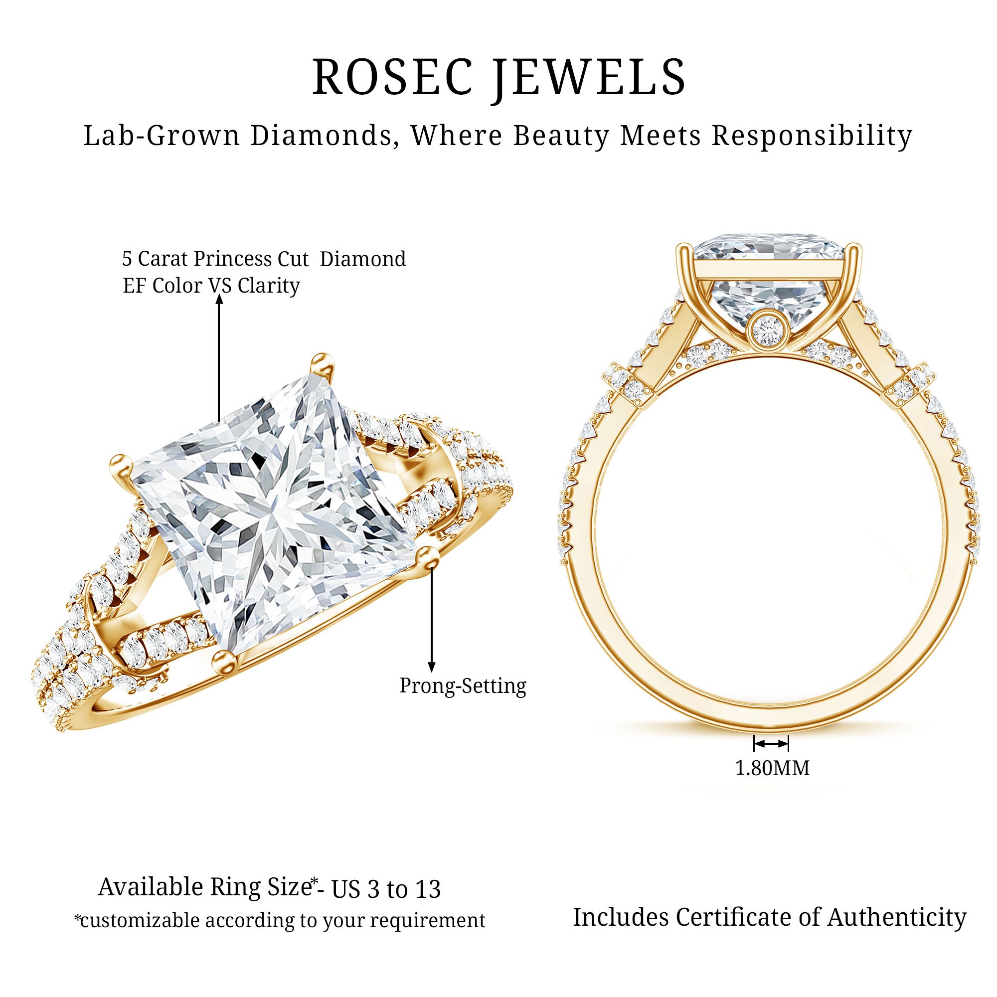 IGI Certified Big 5 Carat Lab Grown Diamond Princess Cut Engagement Ring with Split Shank Lab - ( E-VS1 ) - Rosec Jewels