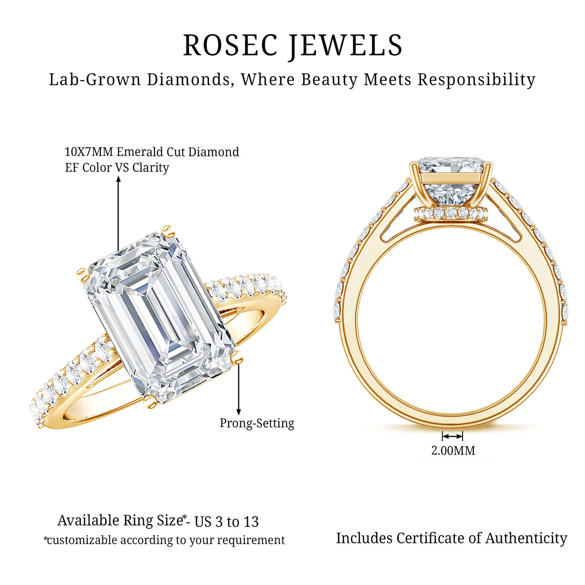 IGI Certified 4 Carat Emerald Cut Lab Grown Diamond Engagement Ring with Hidden Halo Lab - ( E-VS1 ) - Rosec Jewels