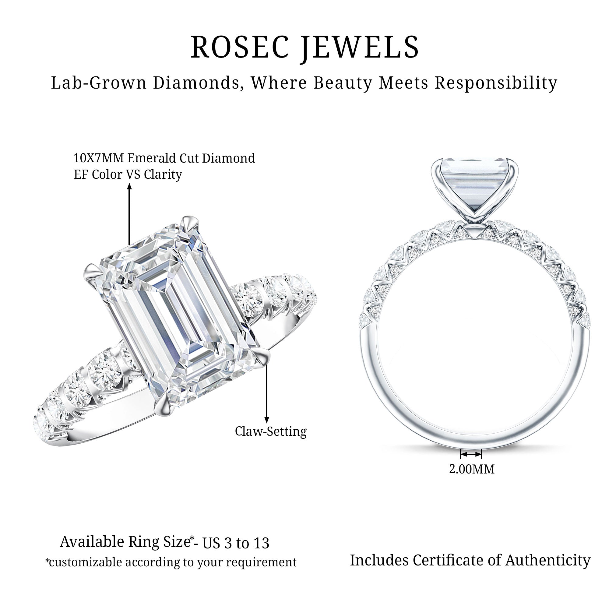IGI Certified 3 Carat Emerald Cut Lab Grown Diamond Engagement Ring with Side Stones Lab - ( E-VS1 ) - Rosec Jewels