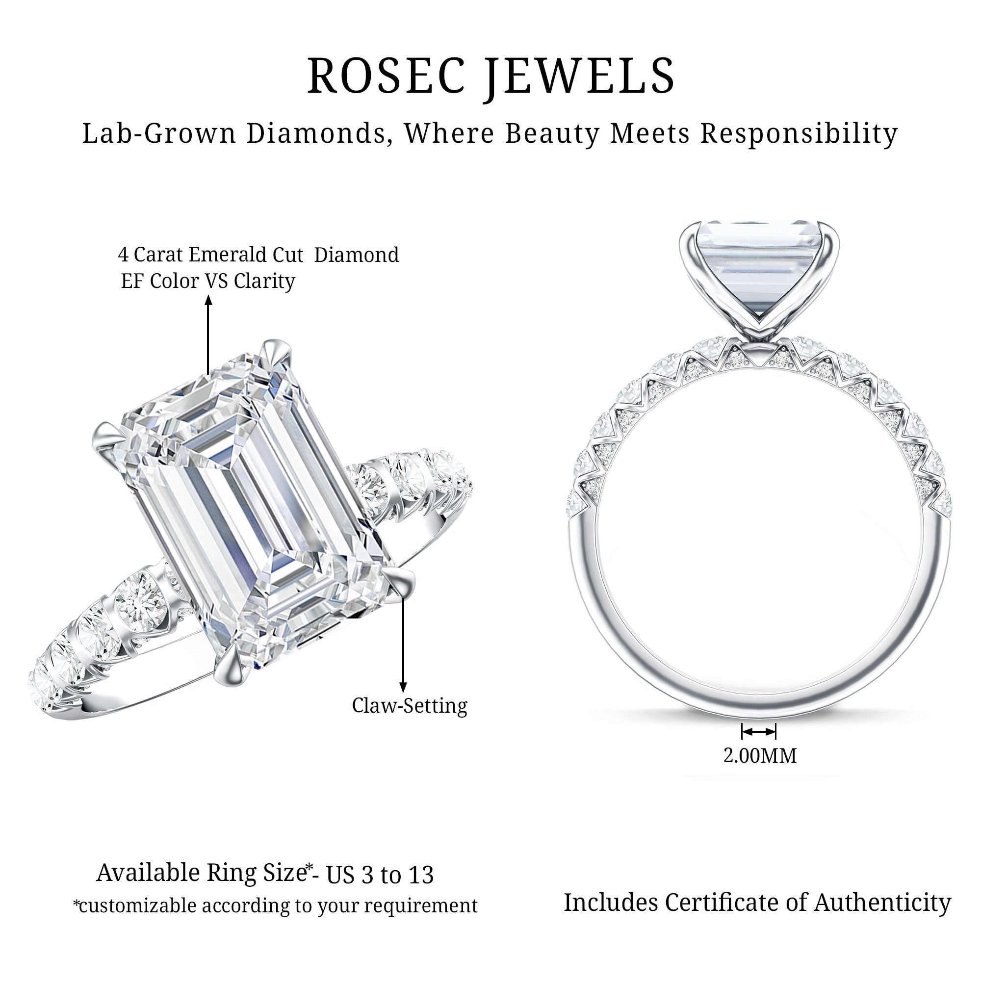 Lab Grown Diamond 4 Carat Emerald Cut Engagement Ring IGI Certified Lab - ( E-VS1 ) - Rosec Jewels