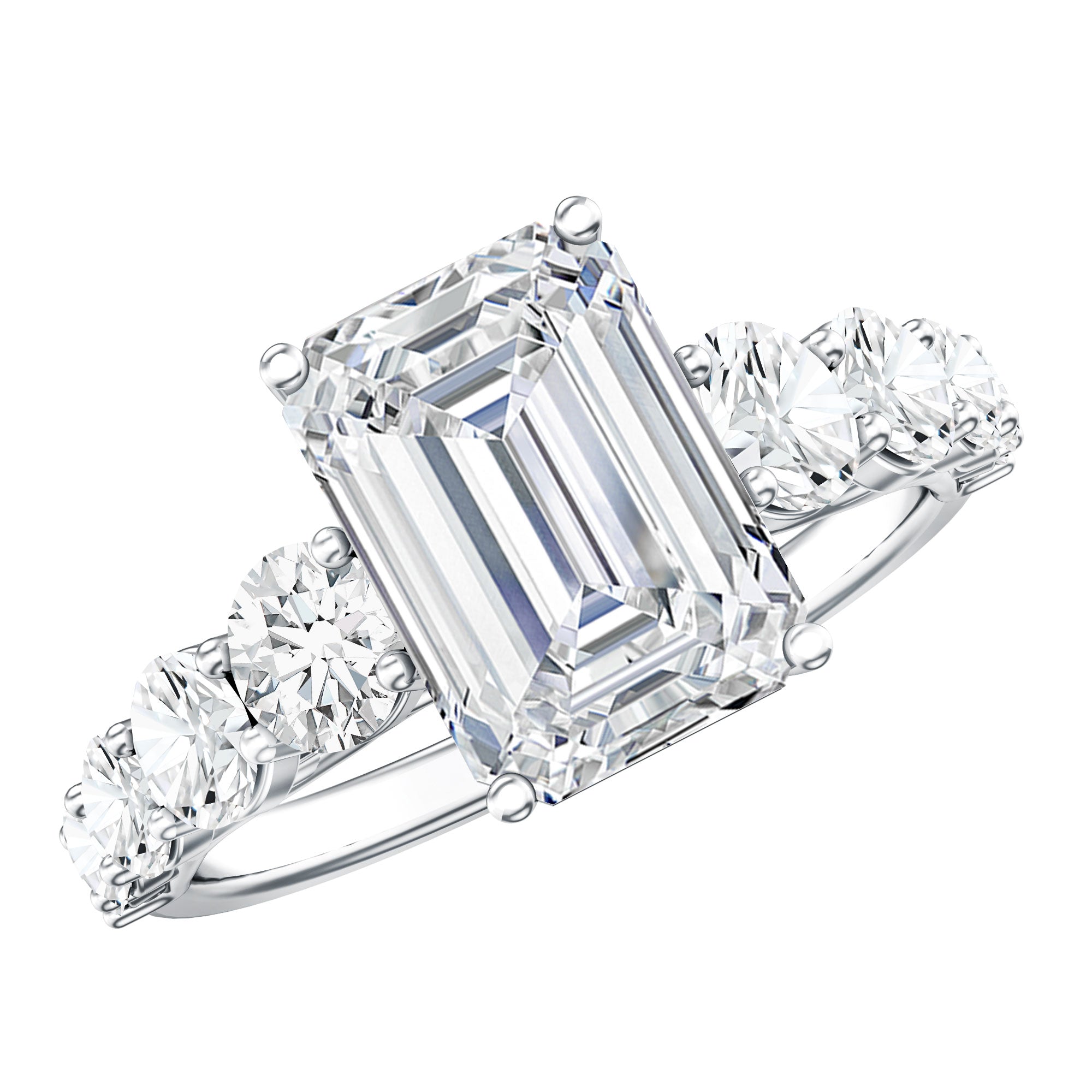 3 Carat IGI Certified Emerald Cut Lab Grown Diamond Engagement Ring with Side Stones Lab - ( E-VS1 ) - Rosec Jewels