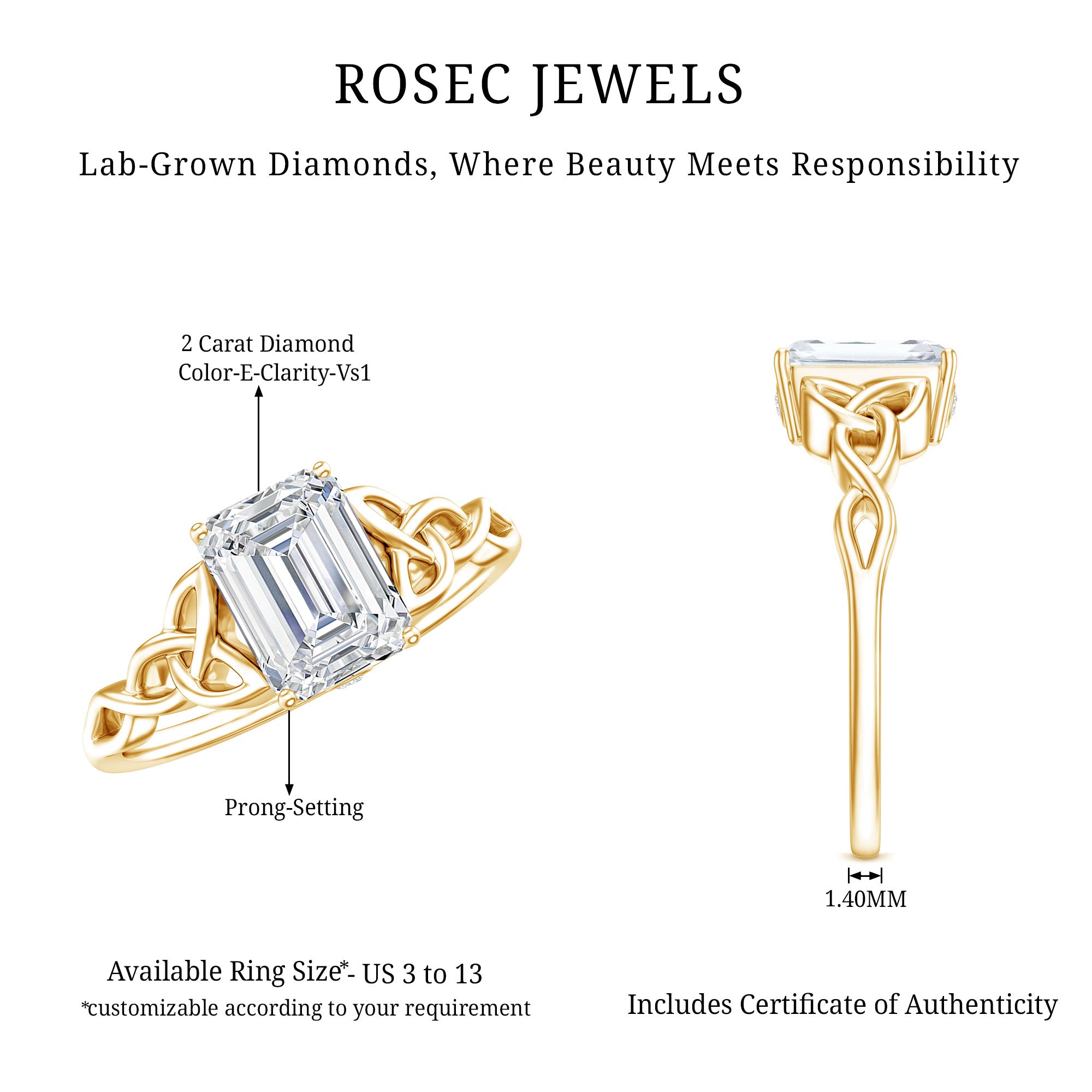 2 Carat Emerald Cut Lab Grown Diamond Celtic Engagement Ring with IGI Certificate Lab - ( E-VS1 ) - Rosec Jewels