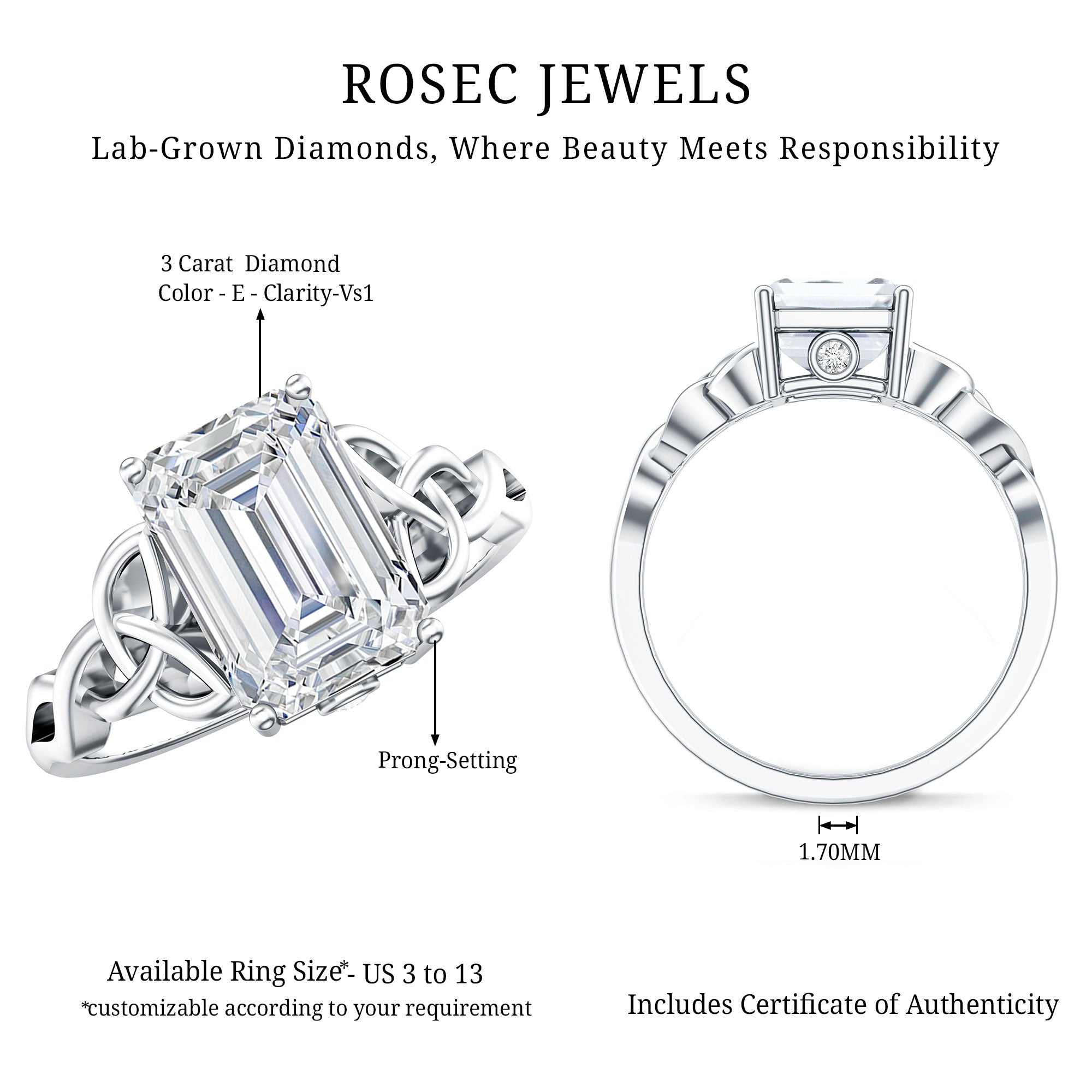 3 Carat Lab Created Diamond Celtic Design Engagement Ring with IGI Certificate Lab - ( E-VS1 ) - Rosec Jewels