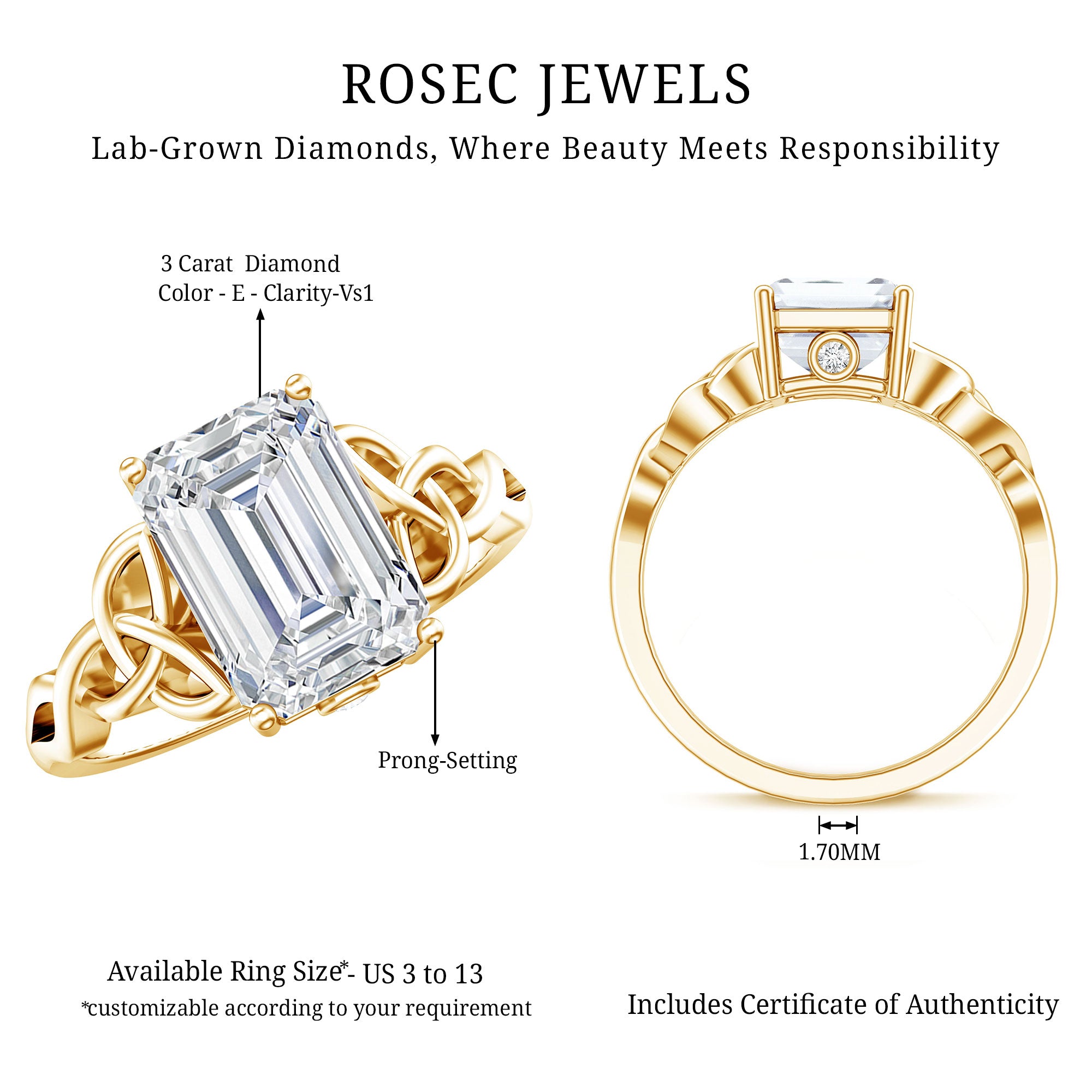 3 Carat Lab Created Diamond Celtic Design Engagement Ring with IGI Certificate Lab - ( E-VS1 ) - Rosec Jewels