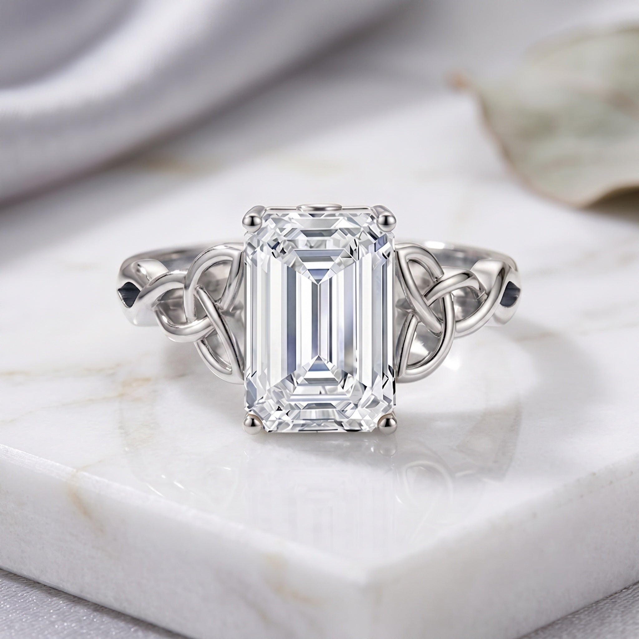 IGI Certified 4 Carat Emerald Cut Lab Grown Diamond Engagement Ring with Celtic Knot Lab - ( E-VS1 ) - Rosec Jewels