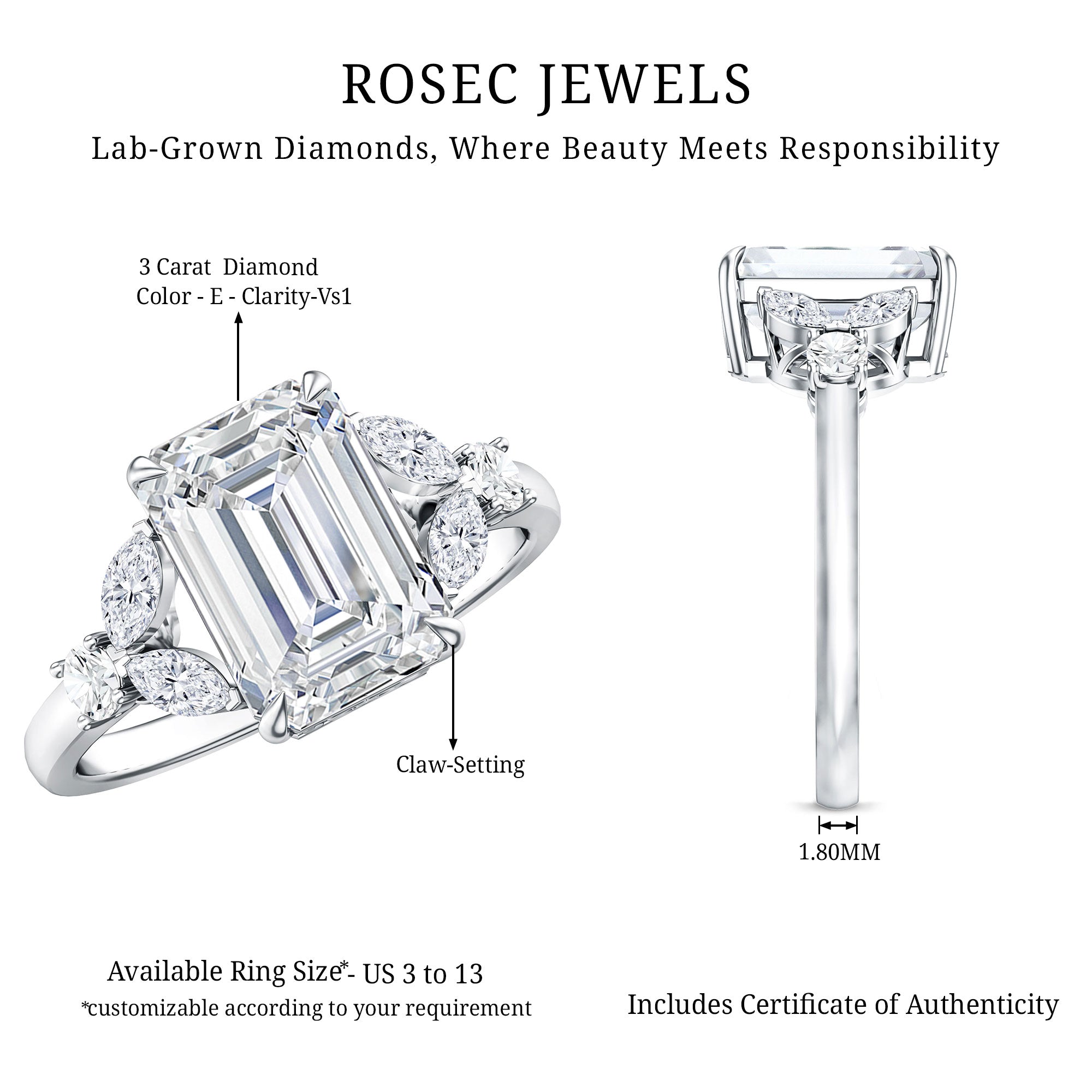 IGI Certified Lab Grown Diamond Emerald Cut Engagement Ring 3 Carat Lab - ( E-VS1 ) - Rosec Jewels