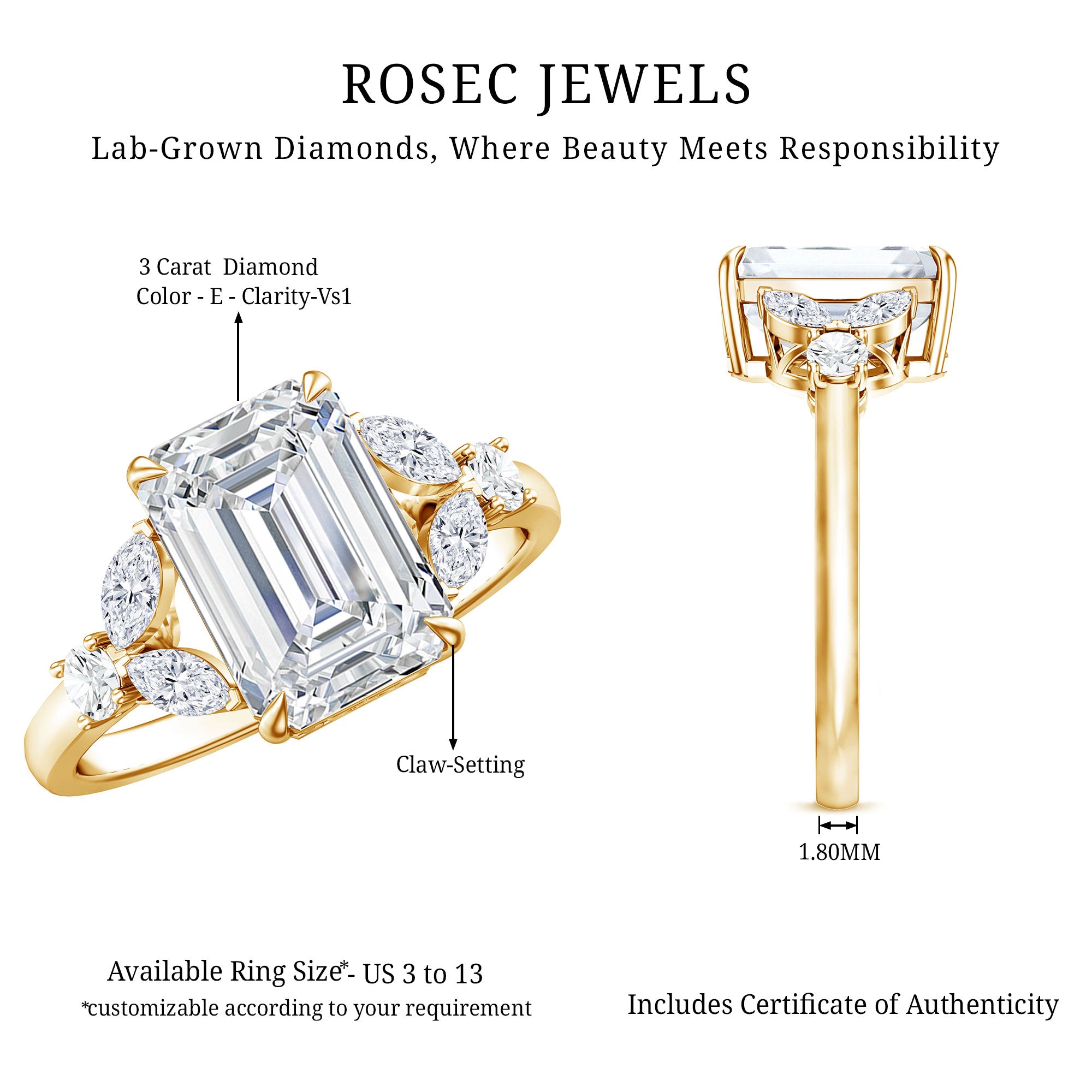 IGI Certified Lab Grown Diamond Emerald Cut Engagement Ring 3 Carat Lab - ( E-VS1 ) - Rosec Jewels