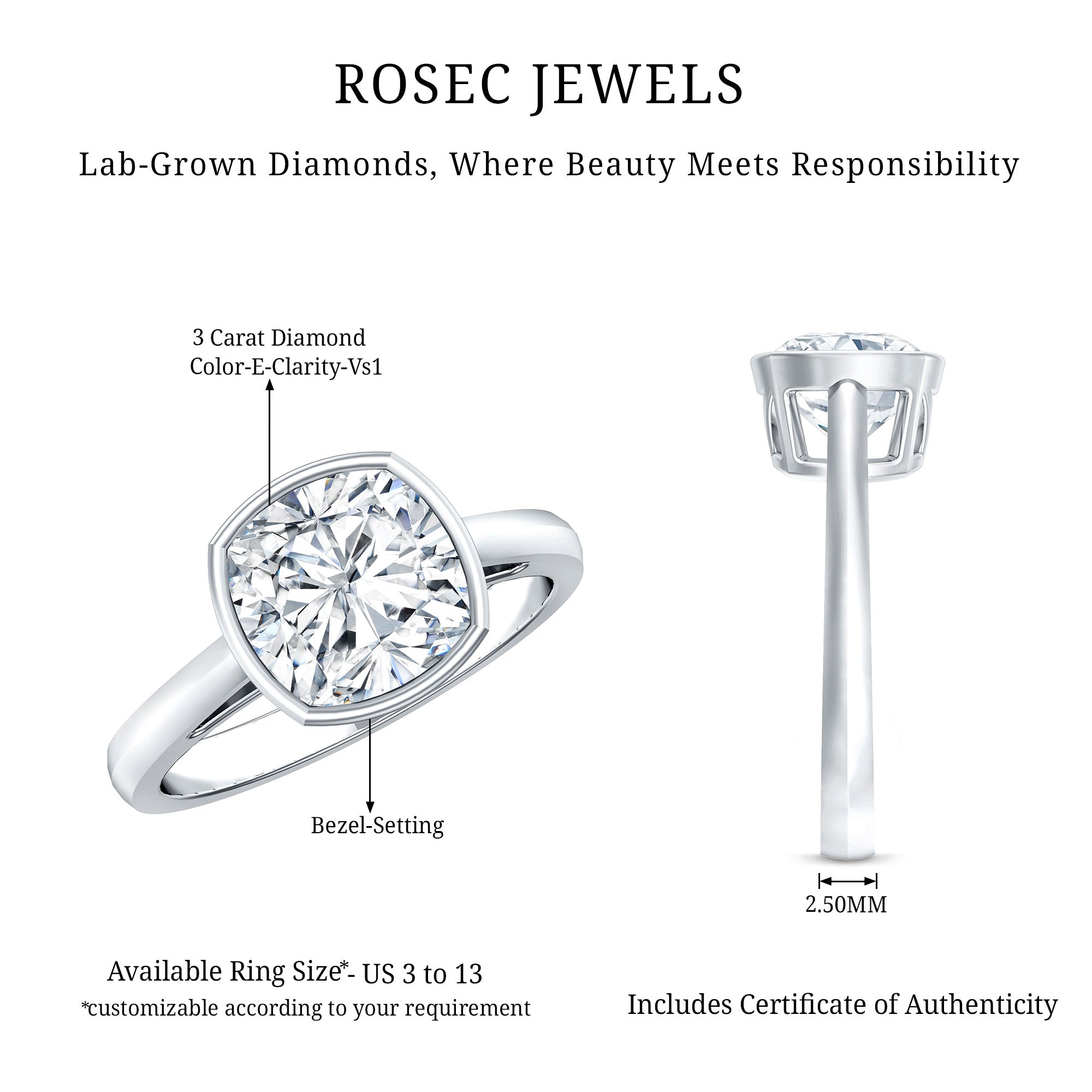 3 Carat Solitaire Cushion Cut Lab Grown Diamond Bezel Engagement Ring with IGI Certificate Lab - ( E-VS1 ) - Rosec Jewels