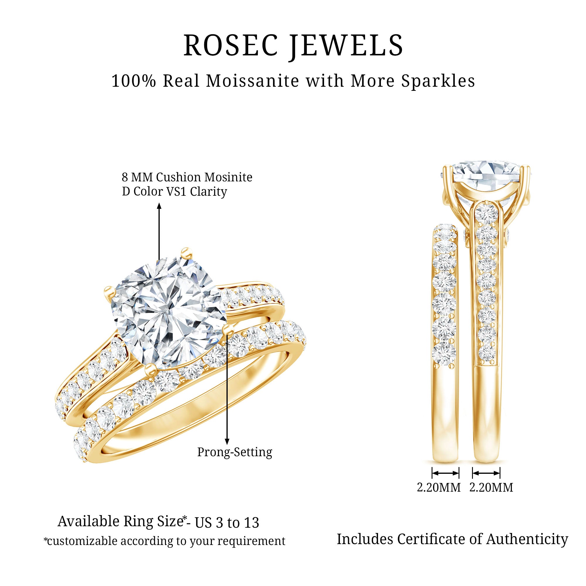 Rosec Jewels-IGI Certified Cushion Cut 3 Carat Lab Grown Diamond Bridal Ring Set for Women