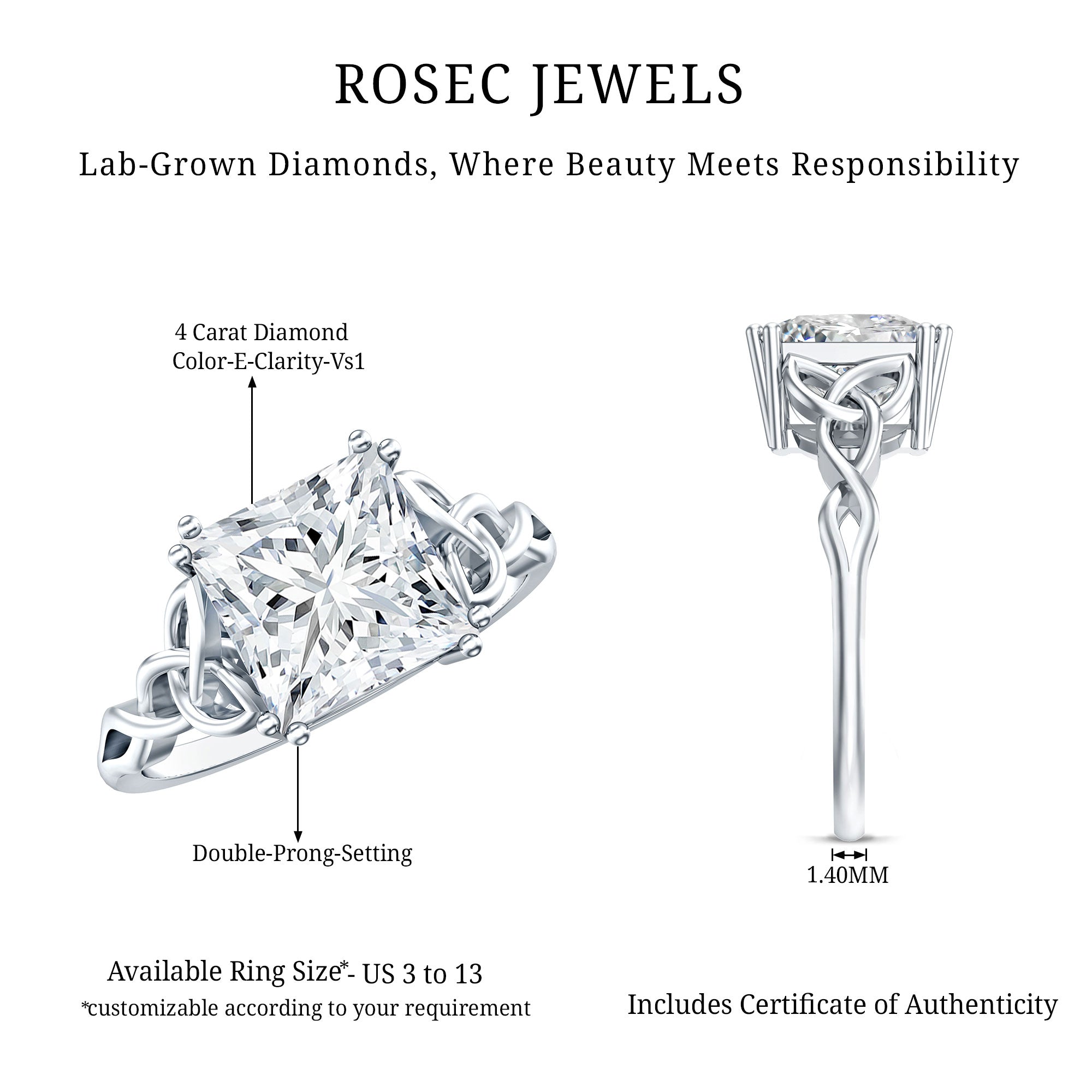 Solitaire 4 Carat Princess Cut Lab Grown Diamond Knot Engagement Ring IGI Certified Lab - ( E-VS1 ) - Rosec Jewels