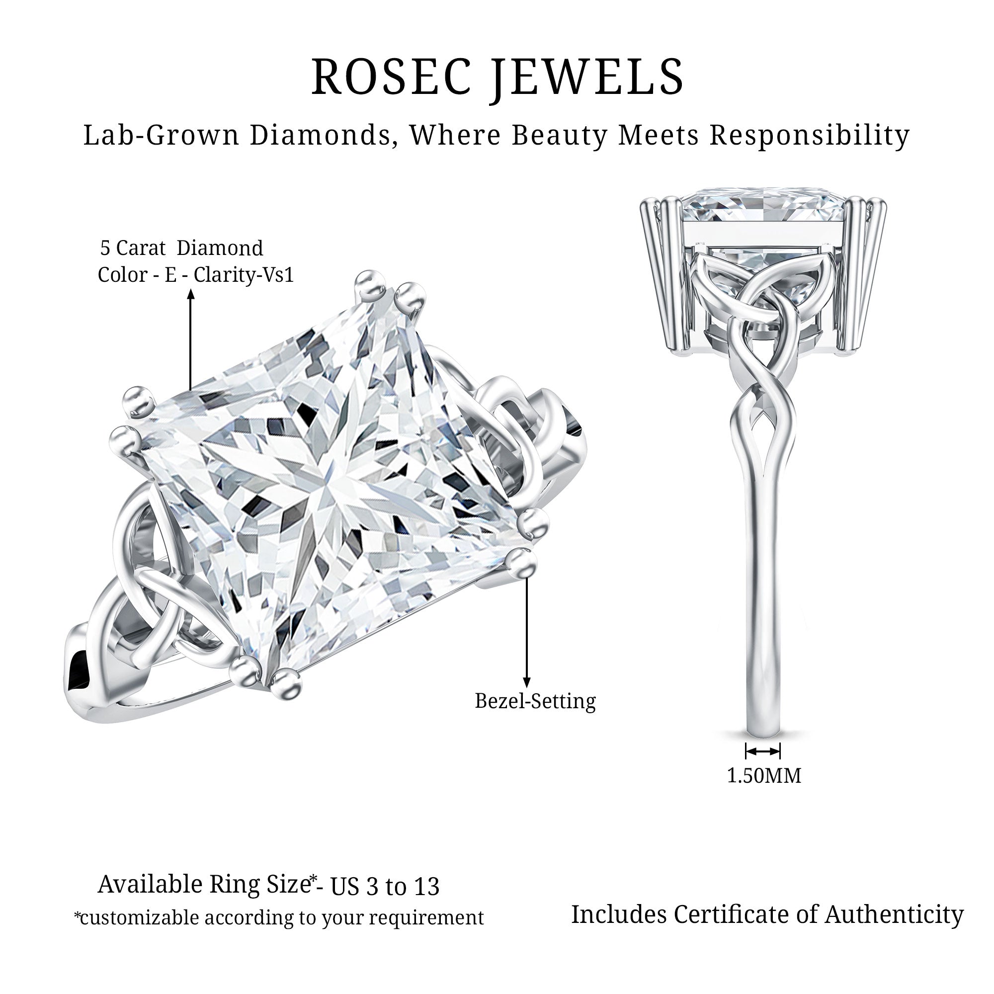 5 Carat Princess Cut Lab Grown Diamond Celtic Engagement Ring with IGI Certificate Lab - ( E-VS1 ) - Rosec Jewels