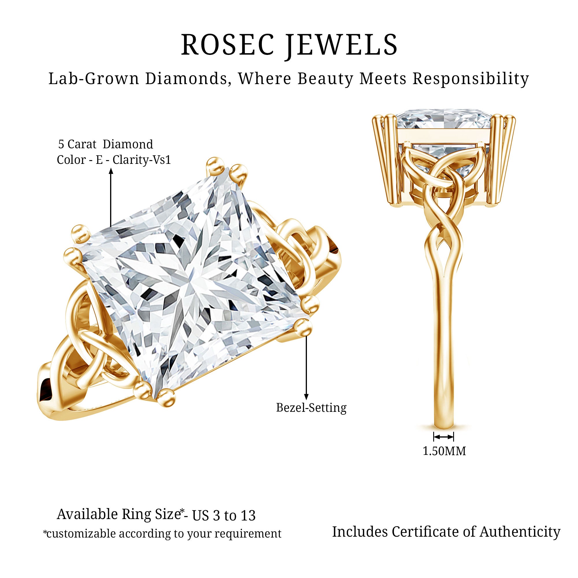 5 Carat Princess Cut Lab Grown Diamond Celtic Engagement Ring with IGI Certificate Lab - ( E-VS1 ) - Rosec Jewels