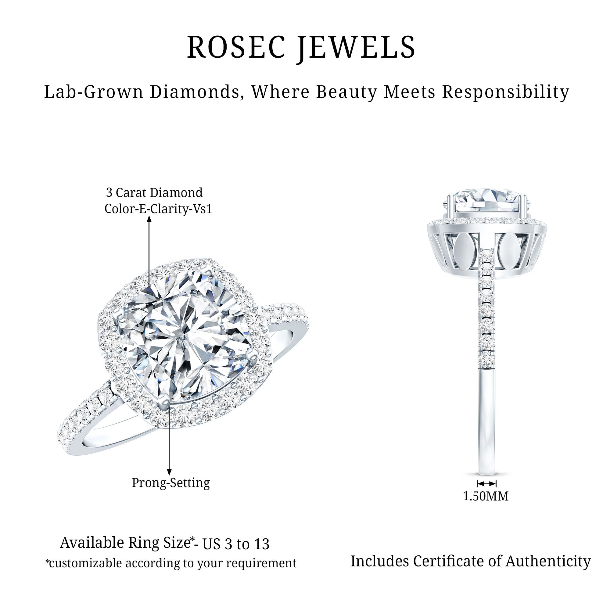 3 Carat Lab Grown Diamond Halo Engagement Ring with IGI Certificate Lab - ( E-VS1 ) - Rosec Jewels