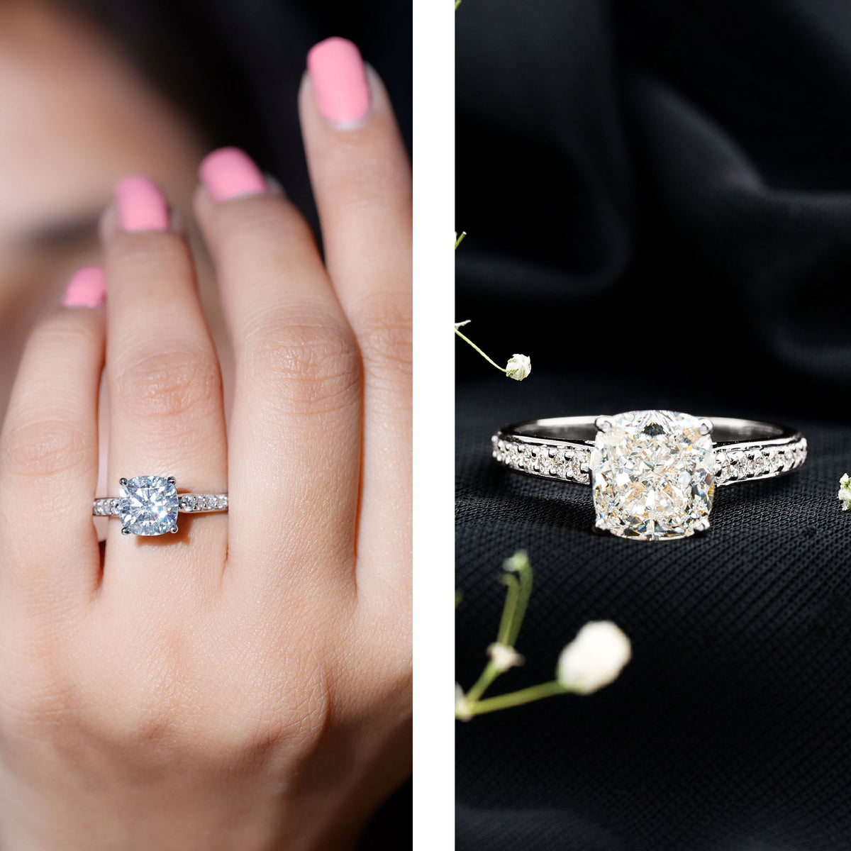 IGI Certified Cushion Cut 3 Carat Lab Grown Diamond Cathedral Engagement Ring Lab - ( E-VS1 ) - Rosec Jewels