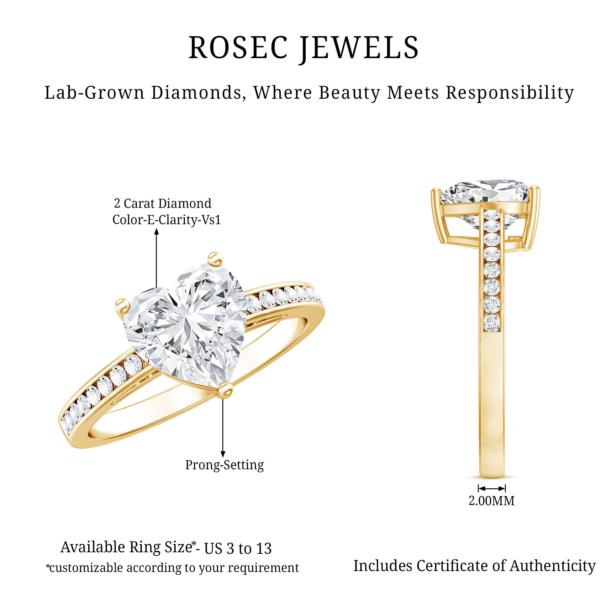 IGI Certified 2 Carat Lab Grown Diamond Heart Engagement Ring for Women Lab - ( E-VS1 ) - Rosec Jewels