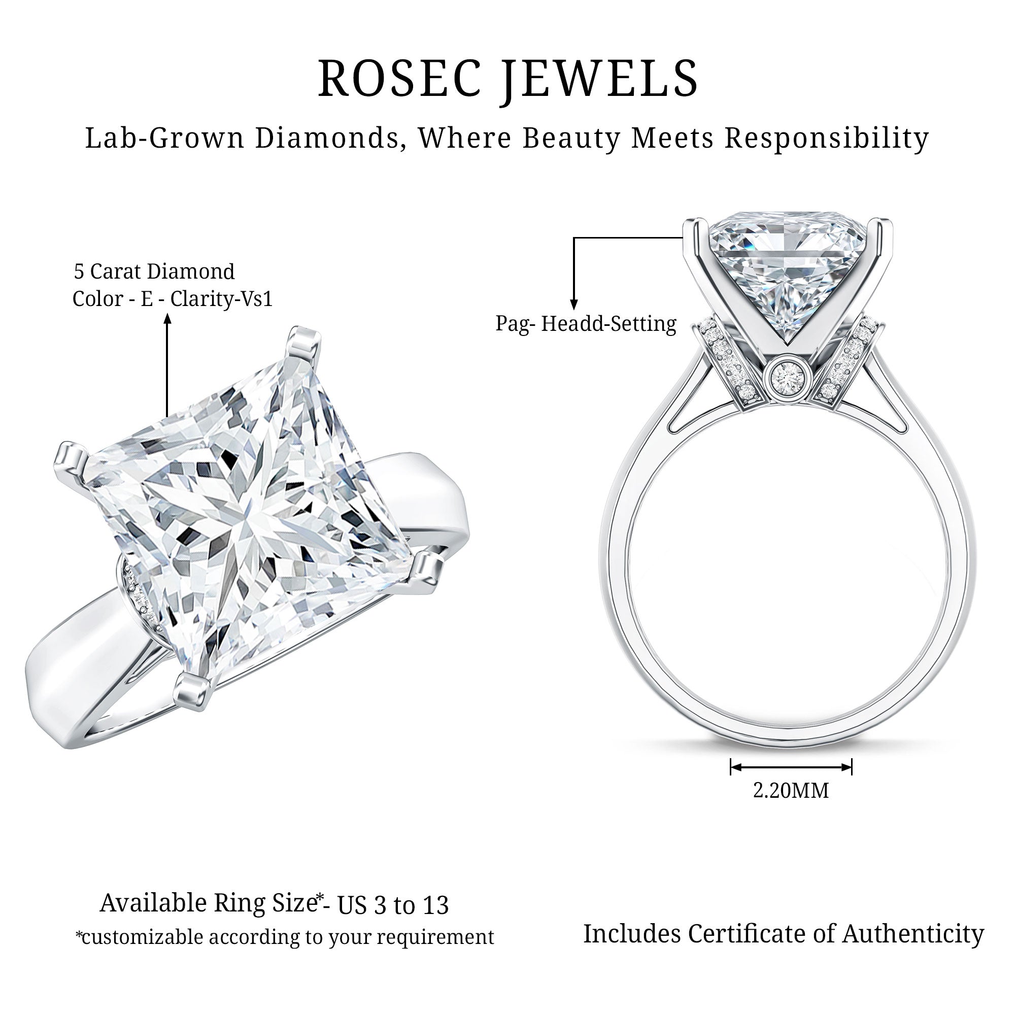 Huge 5 Carat Princess Cut Engagement Ring with IGI Certified Solitaire Lab Grown Diamond Lab - ( E-VS1 ) - Rosec Jewels