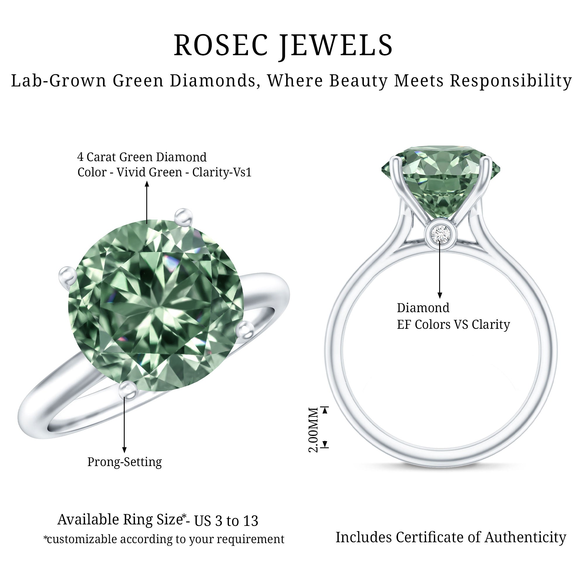 IGI Certified Lab Green Diamond Big Engagement Ring 5 Carat Vivid Green - VS1 - Rosec Jewels