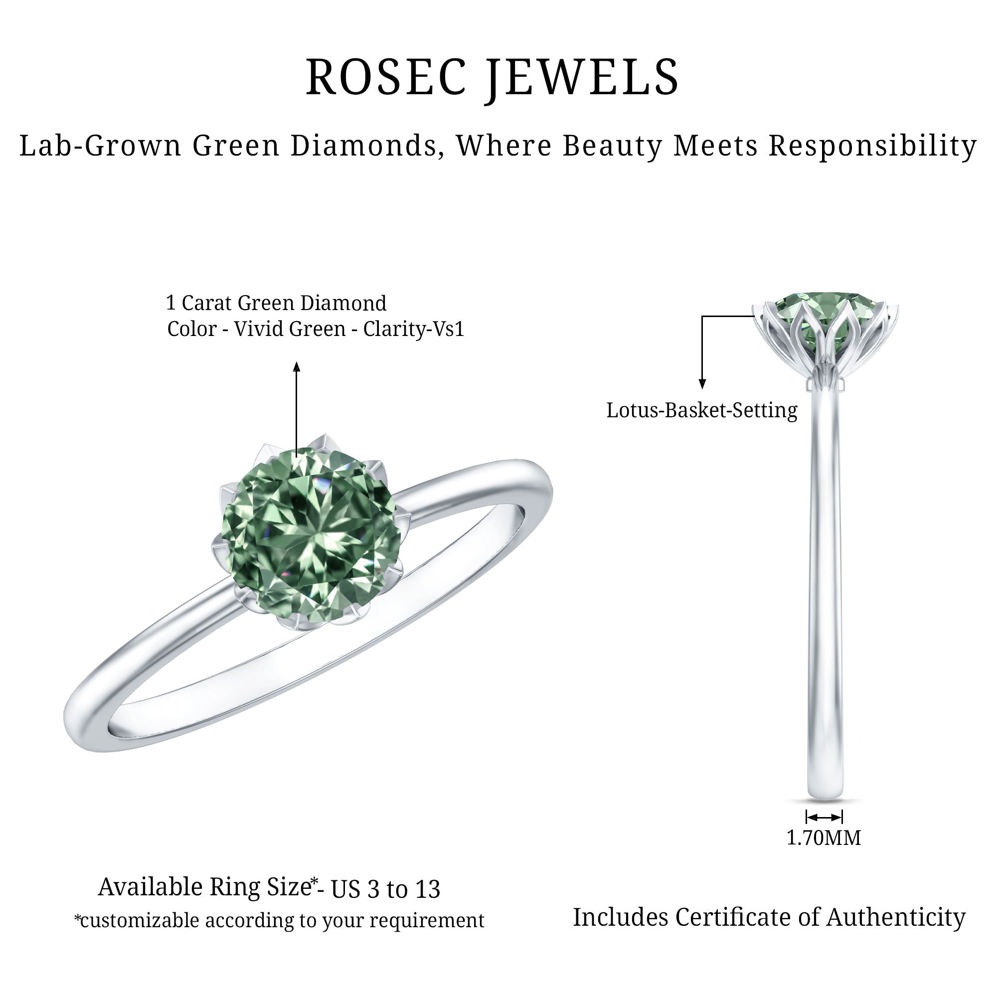 1 Carat Lab Grown Green Diamond Lotus Basket Engagement Ring with IGI Certificate Vivid Green - VS1 - Rosec Jewels