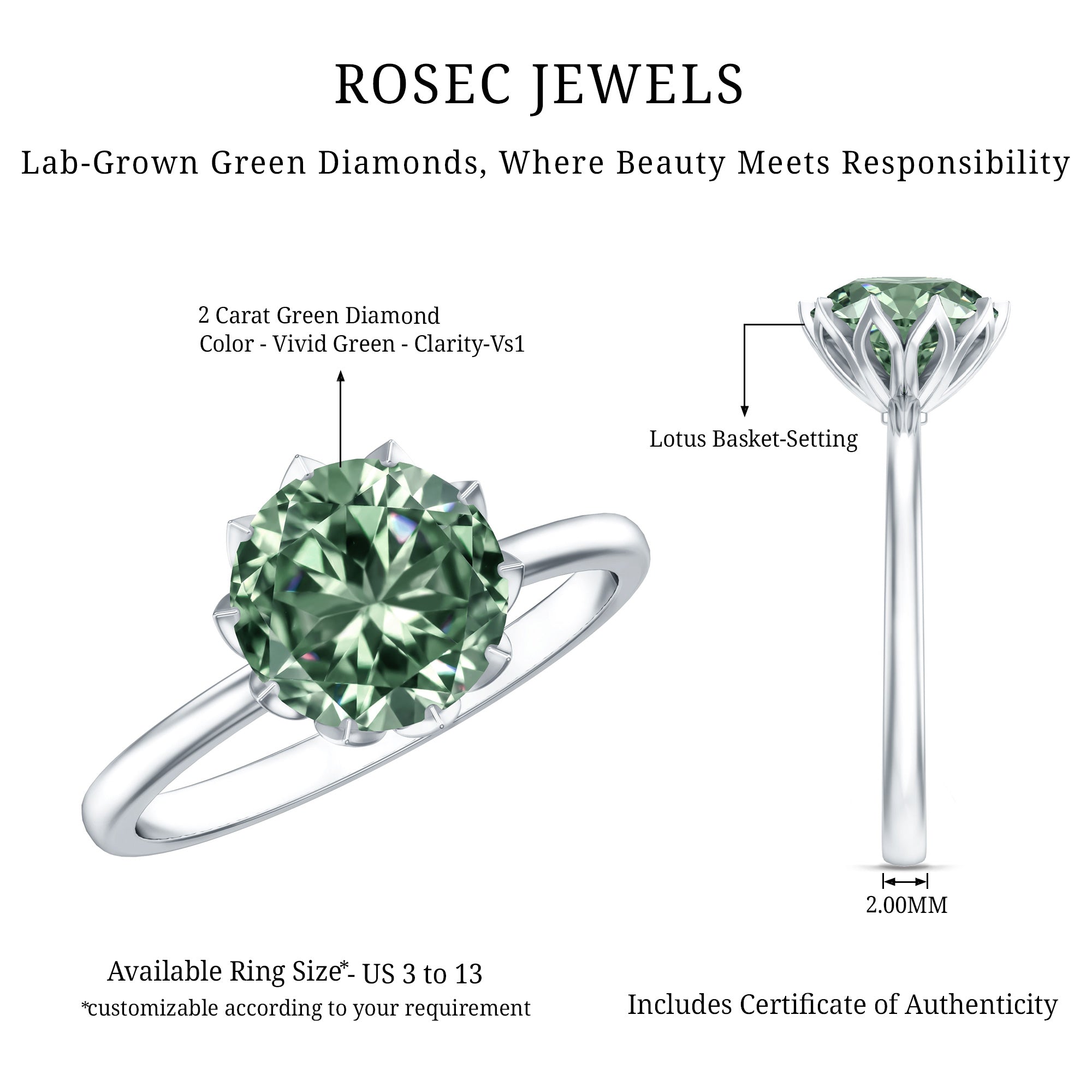 Lotus Basket Set 2 Carat Lab Grown Green Diamond Engagement Ring IGI Certified Vivid Green - VS1 - Rosec Jewels