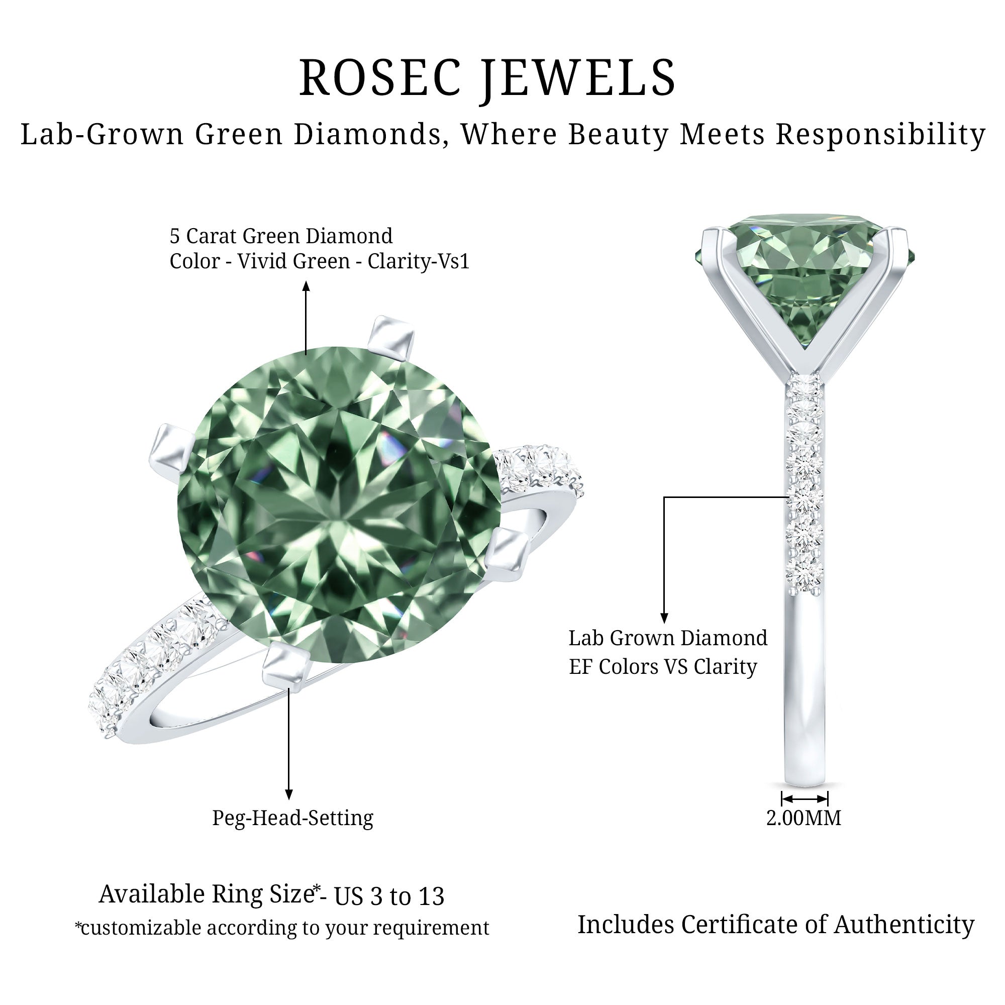IGI Certified Solitaire 5 Carat Lab Grown Green Diamond Engagement Ring with Side Stones Vivid Green - VS1 - Rosec Jewels