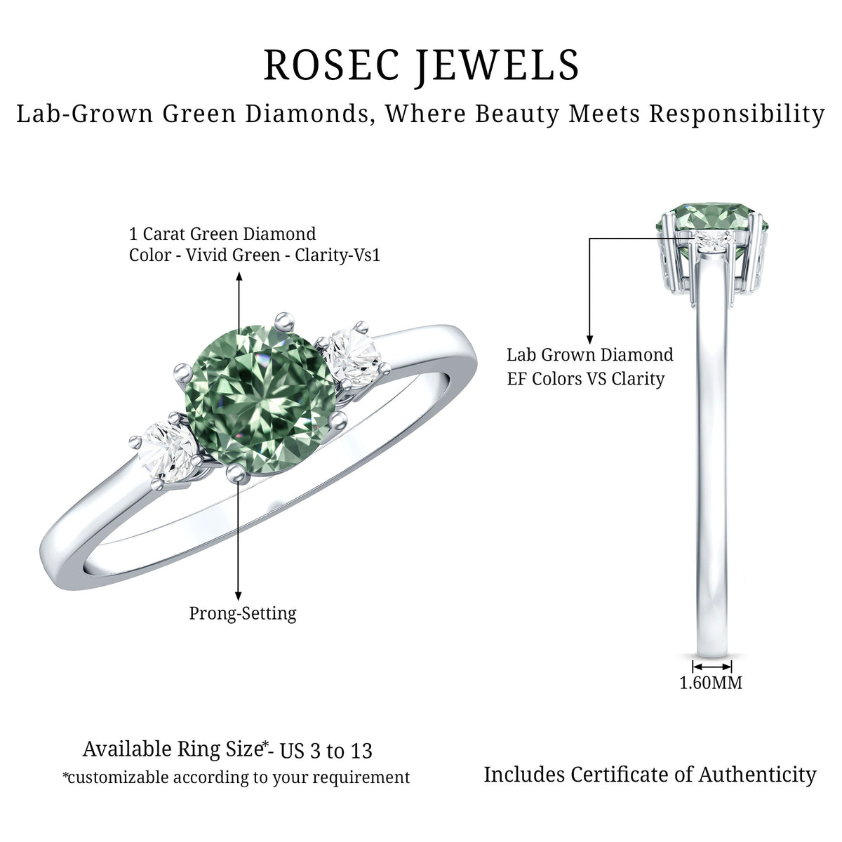 1 Carat IGI Certified Lab Grown Green Diamond Three Stone Engagement Ring Vivid Green - VS1 - Rosec Jewels