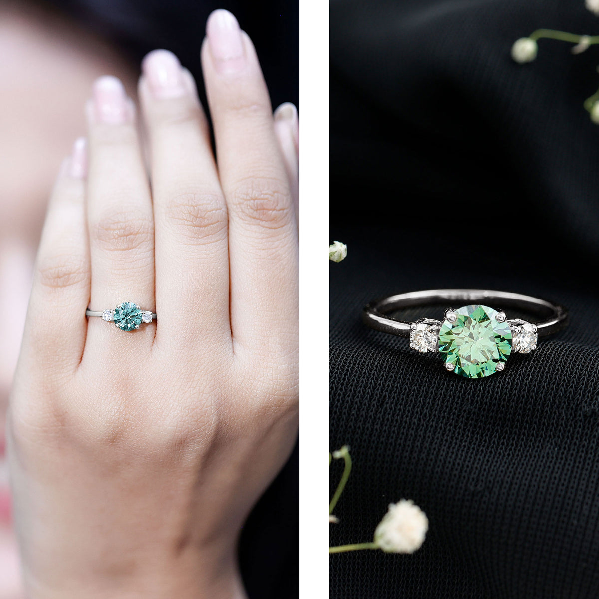 1 Carat IGI Certified Lab Grown Green Diamond Three Stone Engagement Ring Vivid Green - VS1 - Rosec Jewels