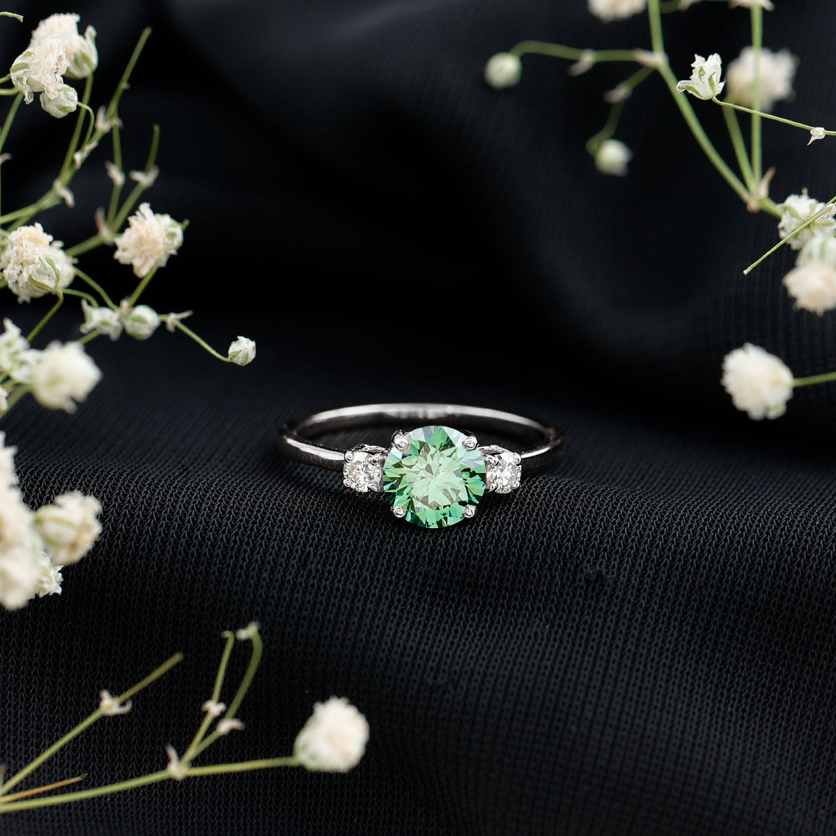 1 Carat IGI Certified Lab Grown Green Diamond Three Stone Engagement Ring Vivid Green - VS1 - Rosec Jewels