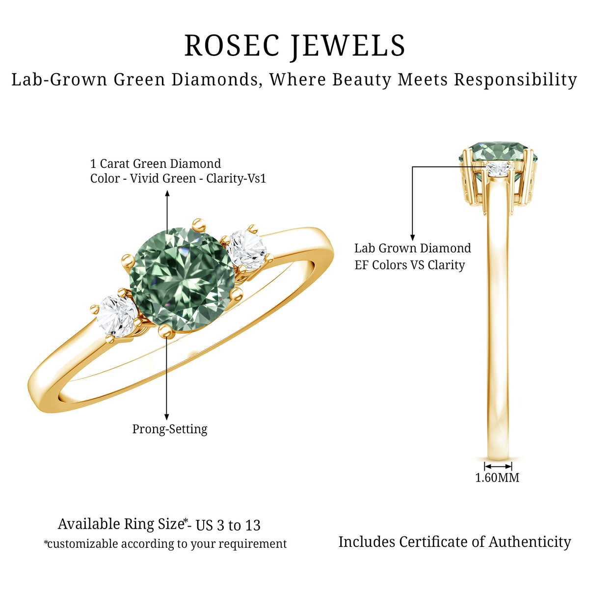 1 Carat IGI Certified Lab Grown Green Diamond Three Stone Engagement Ring Vivid Green - VS1 - Rosec Jewels