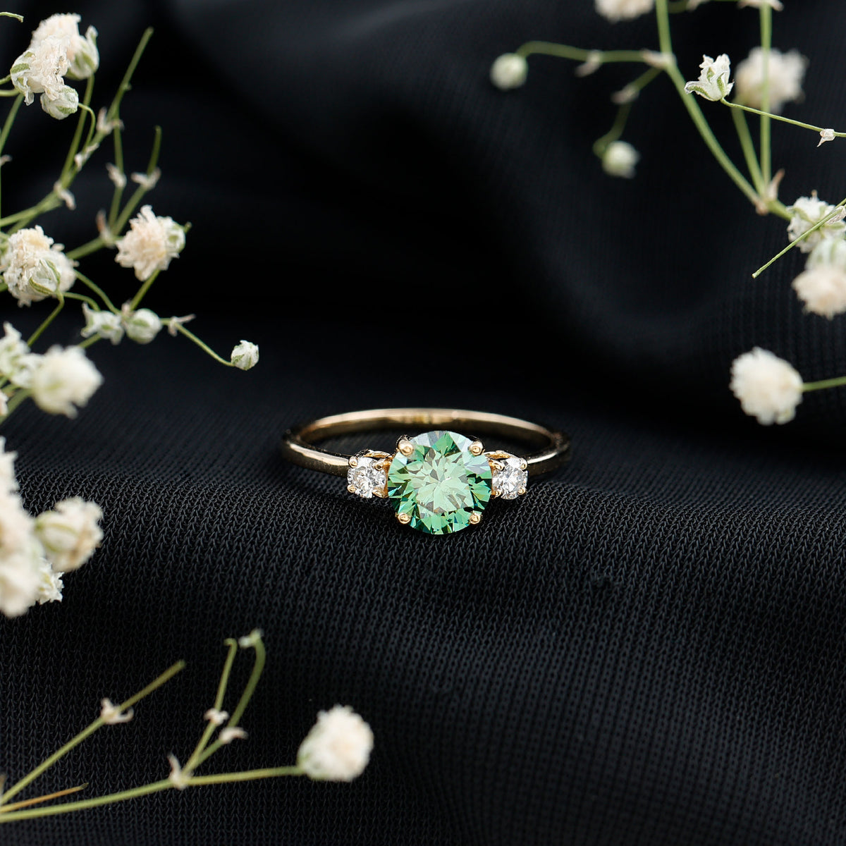 1 Carat IGI Certified Lab Grown Green Diamond Three Stone Engagement Ring Vivid Green - VS1 - Rosec Jewels