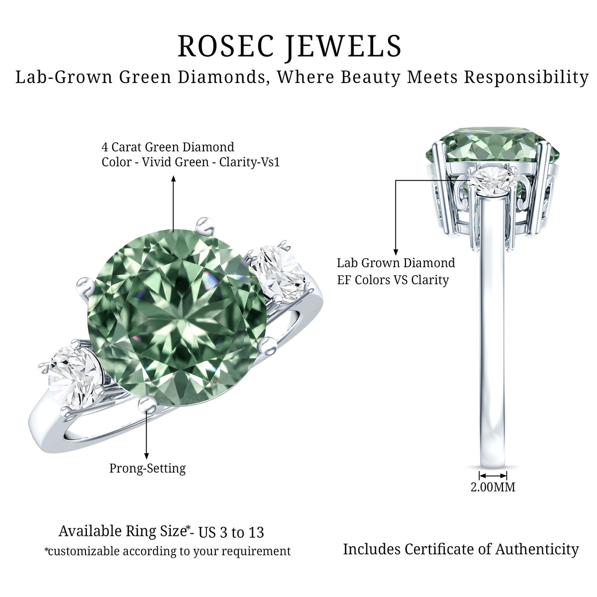IGI Certified Lab Grown Green Diamond Triple Stone Engagement Ring 4 Carat Vivid Green - VS1 - Rosec Jewels
