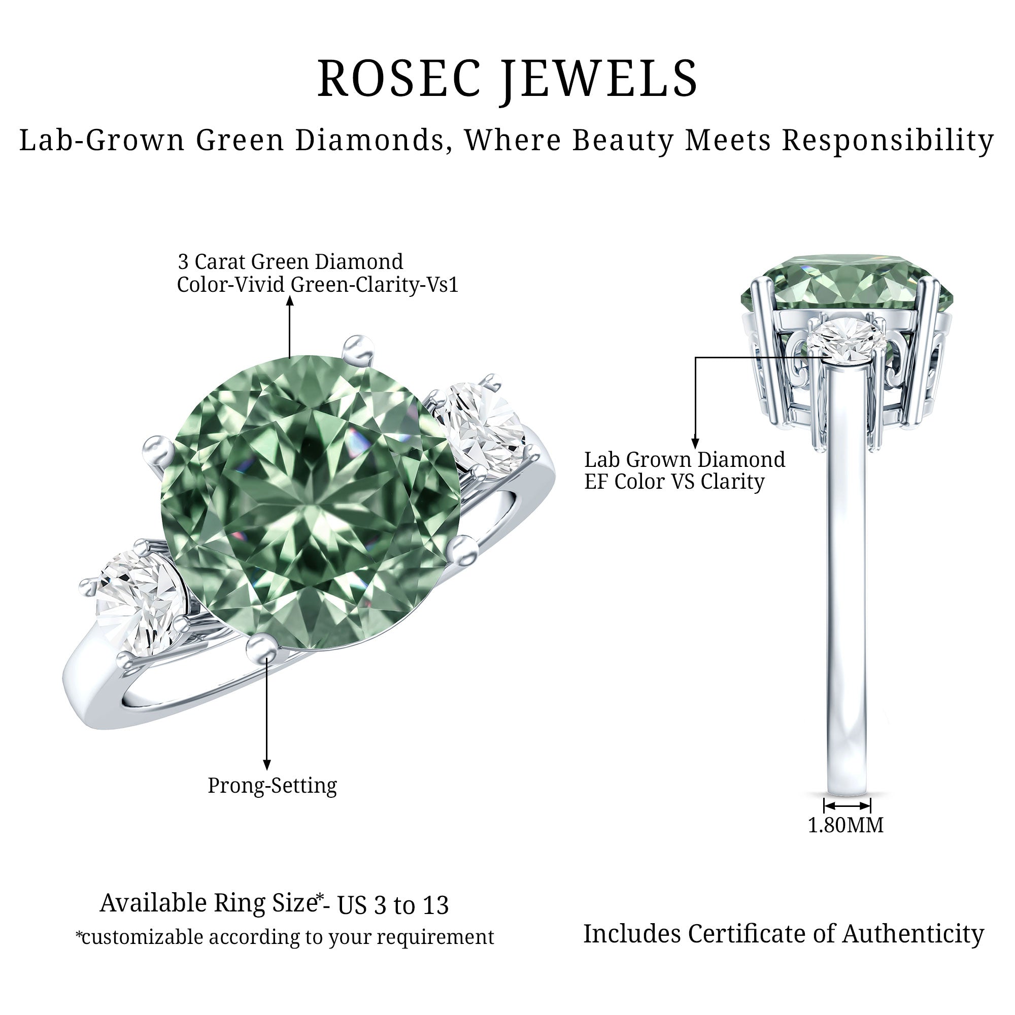 IGI Certified 3 Carat Lab Grown Green Diamond Triple Stone Engagement Ring Vivid Green - VS1 - Rosec Jewels