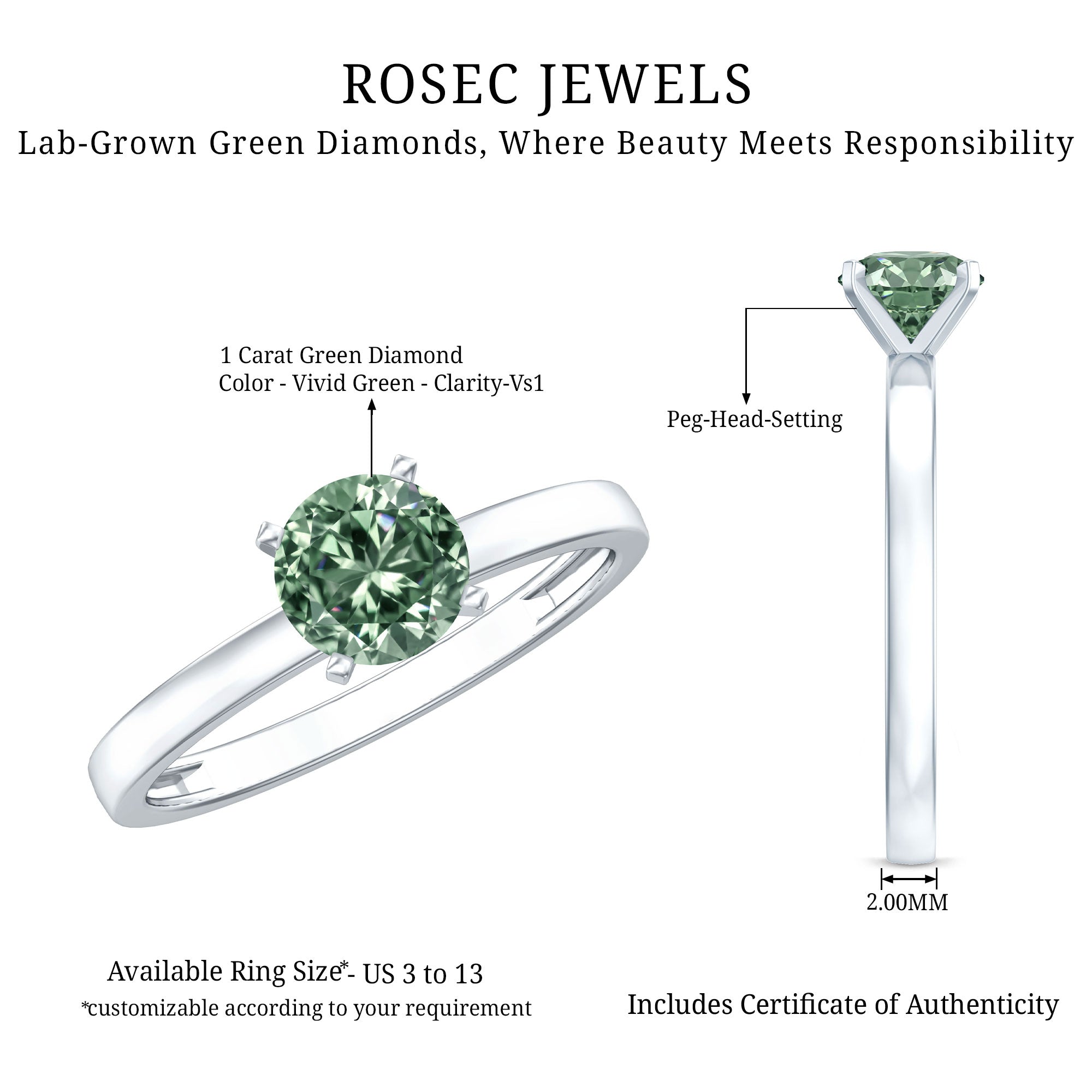 IGI Certified 1 Carat Lab Grown Green Diamond Ring Solitaire Vivid Green - VS1 - Rosec Jewels