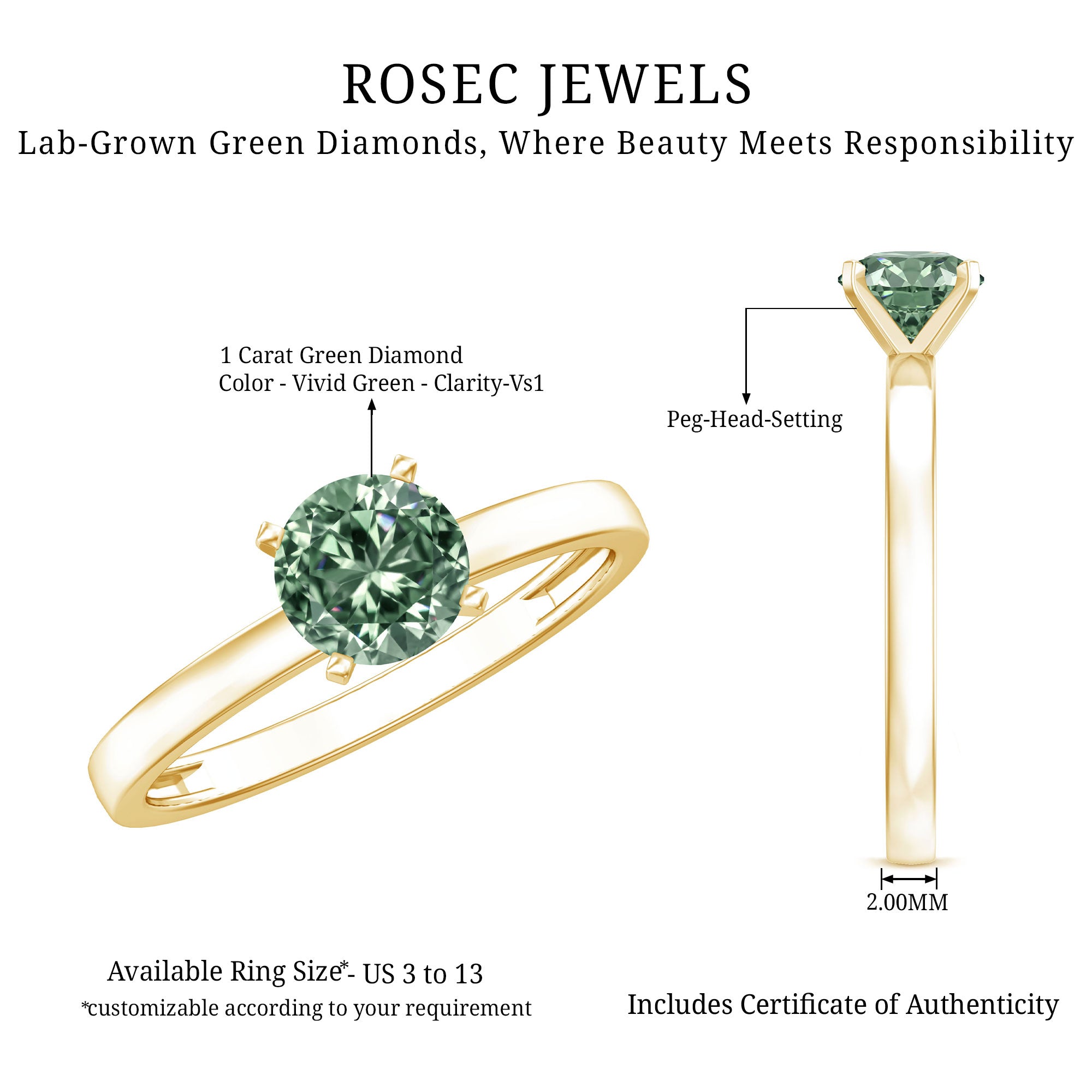 IGI Certified 1 Carat Lab Grown Green Diamond Ring Solitaire Vivid Green - VS1 - Rosec Jewels