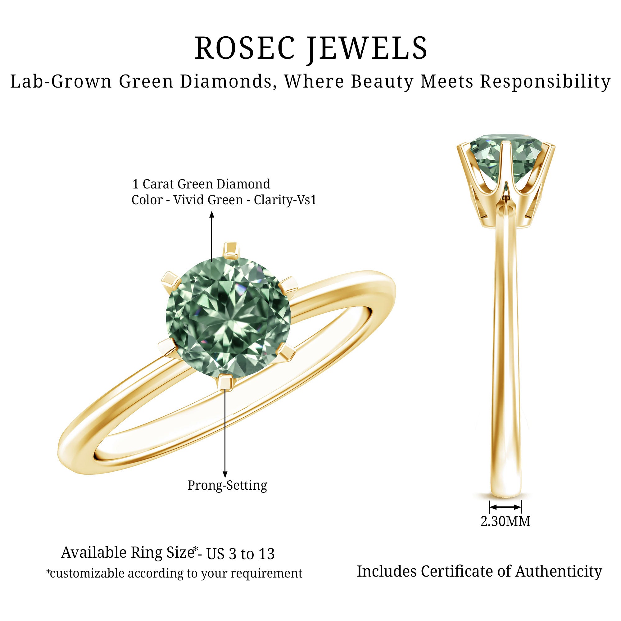 Lab Grown Green Diamond 1 Carat Solitaire Ring with IGI Certificate Vivid Green - VS1 - Rosec Jewels