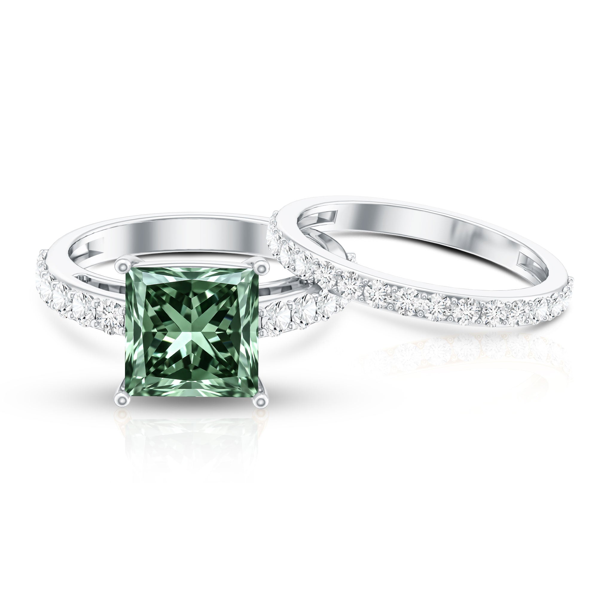 5 Carat Princess Cut Bridal Ring Set with IGI Certified Lab Grown Green Diamond Vivid Green - VS1 - Rosec Jewels
