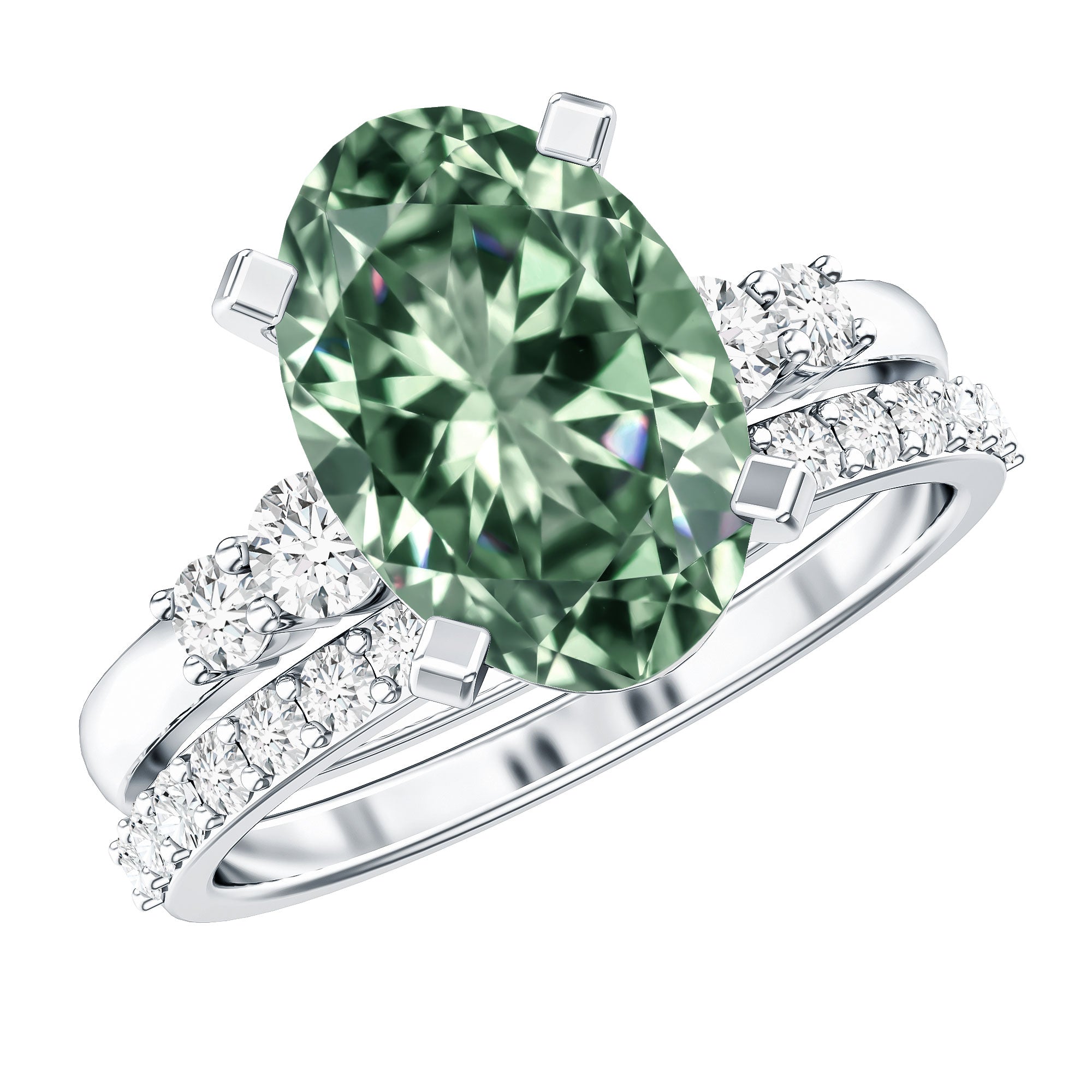IGI Certified Oval Lab Grown Green Diamond Wedding Ring Set 4 Carat Vivid Green - VS1 - Rosec Jewels