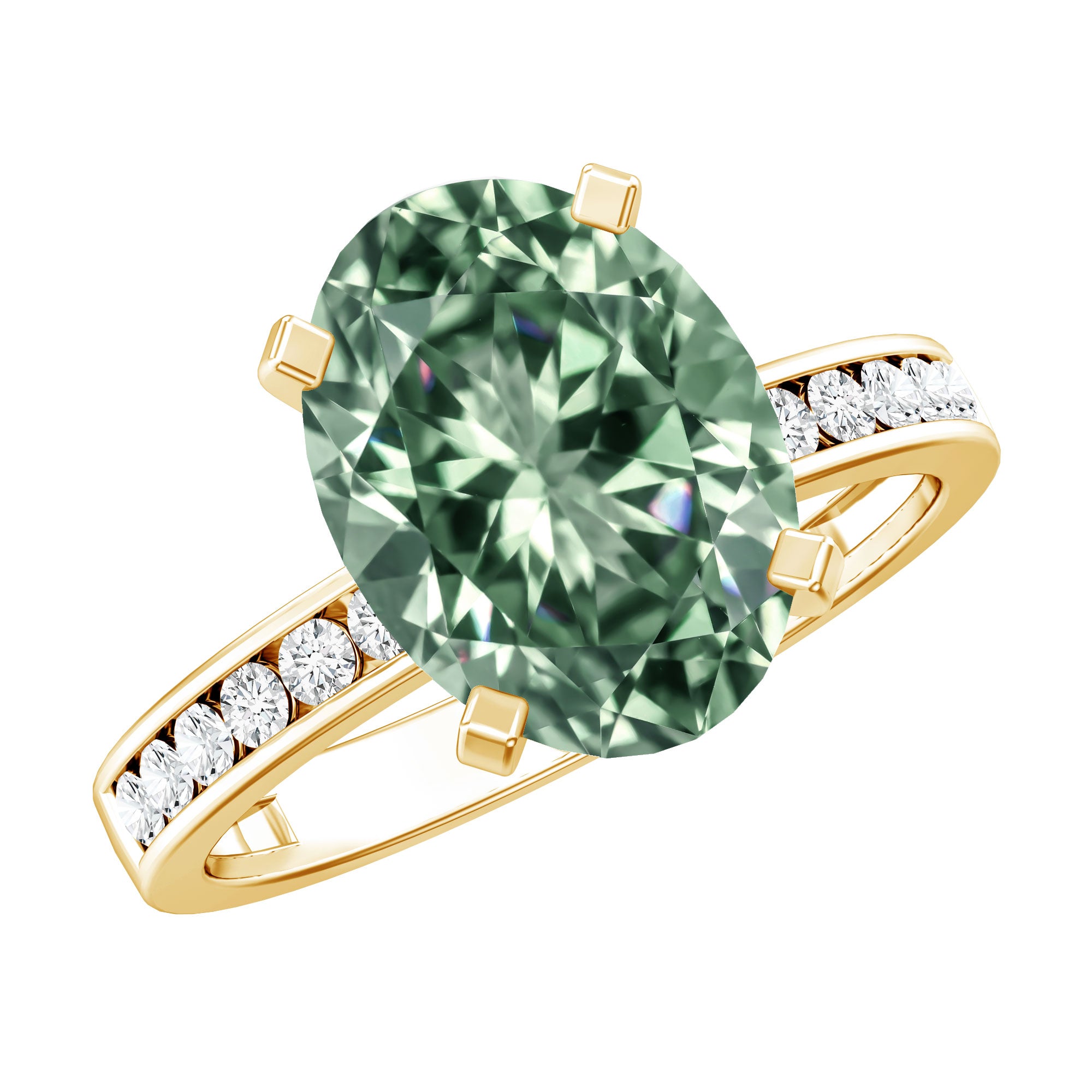 3 Carat IGI Certified Lab Green Diamond Solitaire Oval Engagement Ring with Side Stones Vivid Green - VS1 - Rosec Jewels