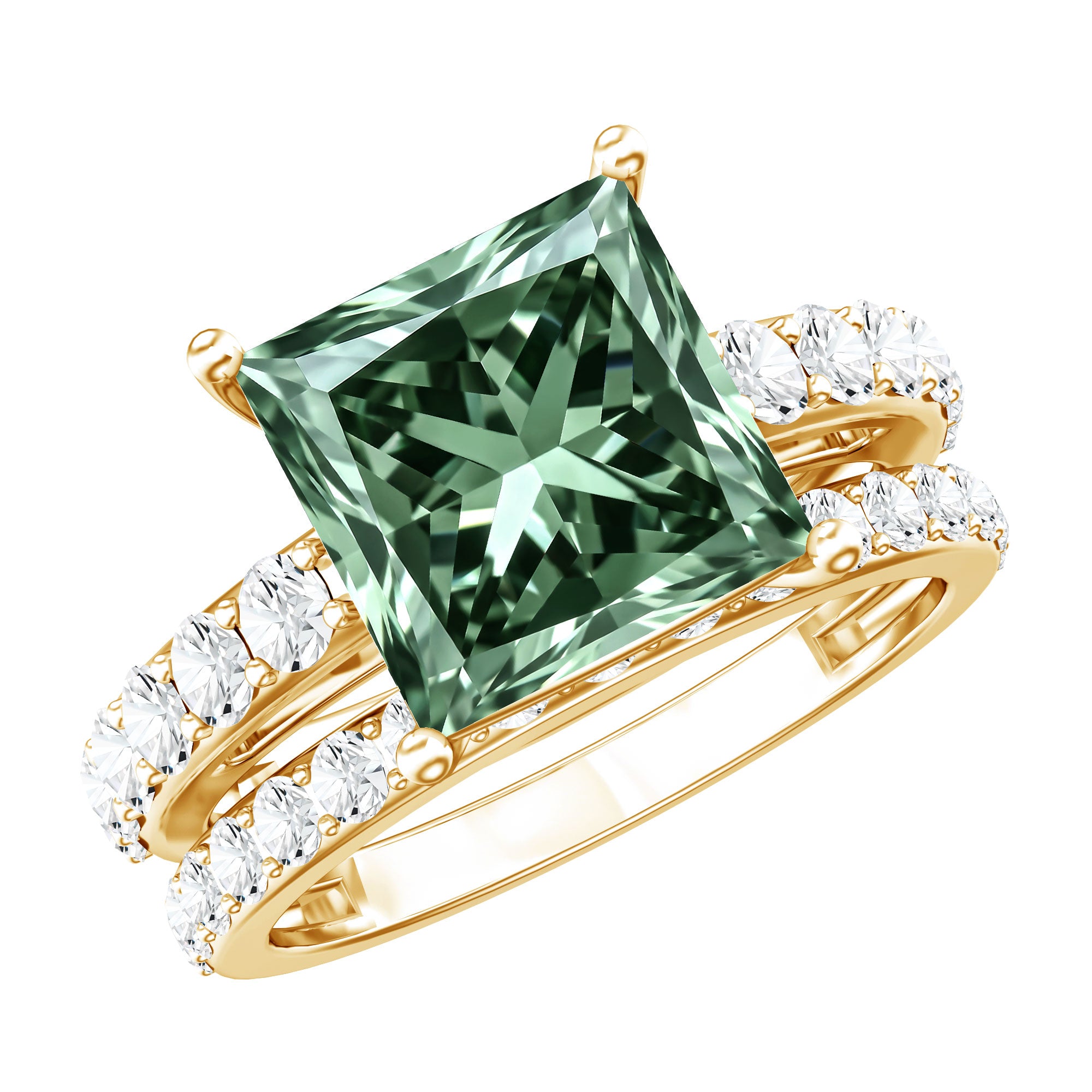 4 Carat Lab Grown Green Diamond Princess Cut Bridal Ring Set with IGI Certificate Vivid Green - VS1 - Rosec Jewels