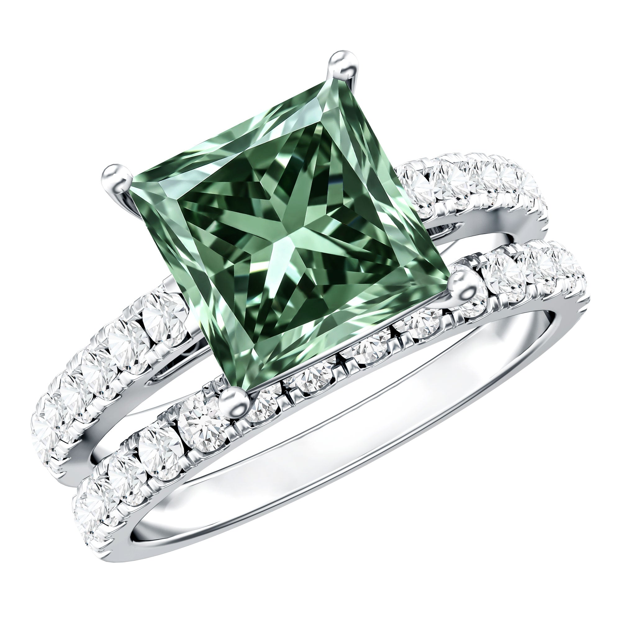 5 Carat Lab Grown Green and White Diamond Princess Cut Wedding Ring Set with IGI Certificate Vivid Green - VS1 - Rosec Jewels