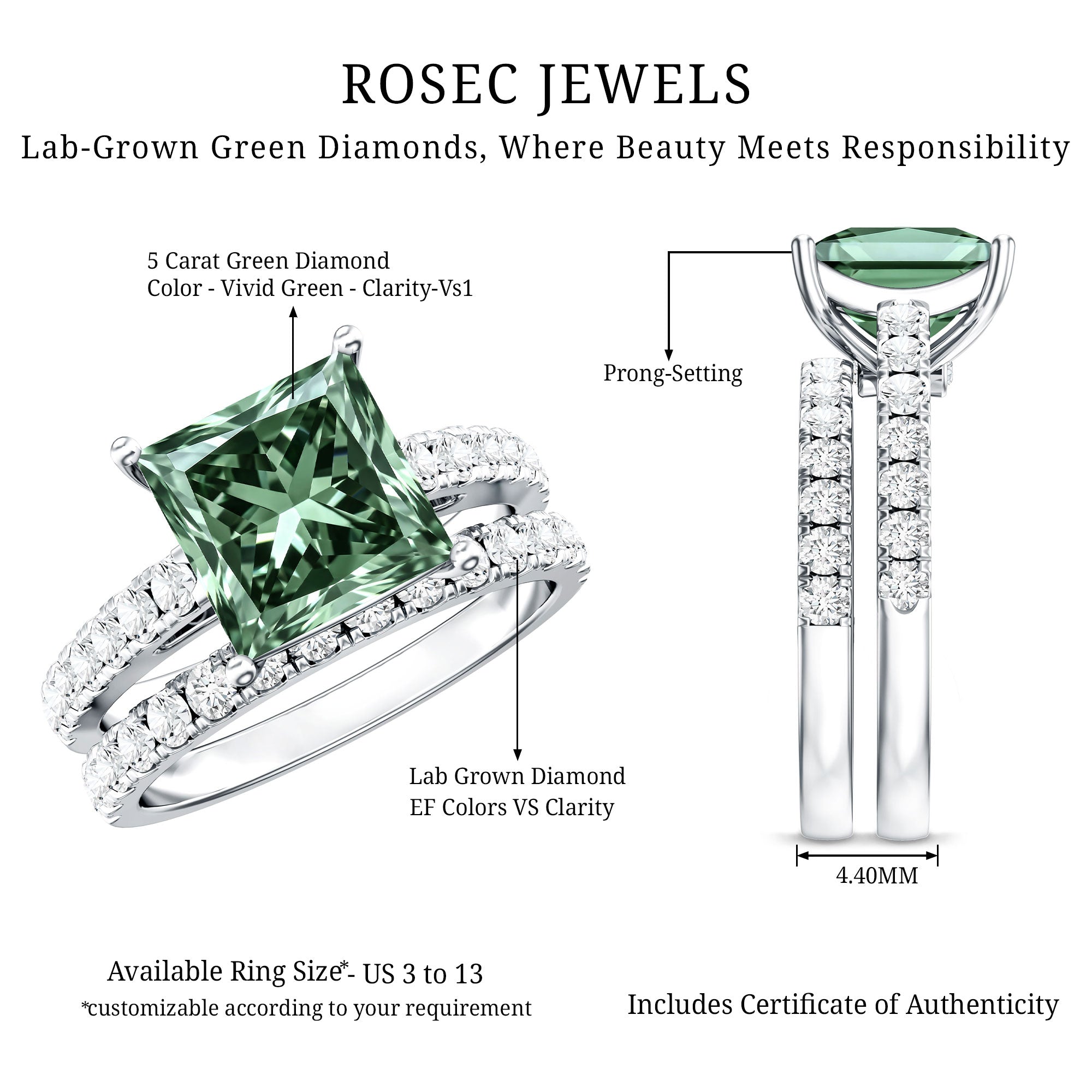 5 Carat Lab Grown Green and White Diamond Princess Cut Wedding Ring Set with IGI Certificate Vivid Green - VS1 - Rosec Jewels