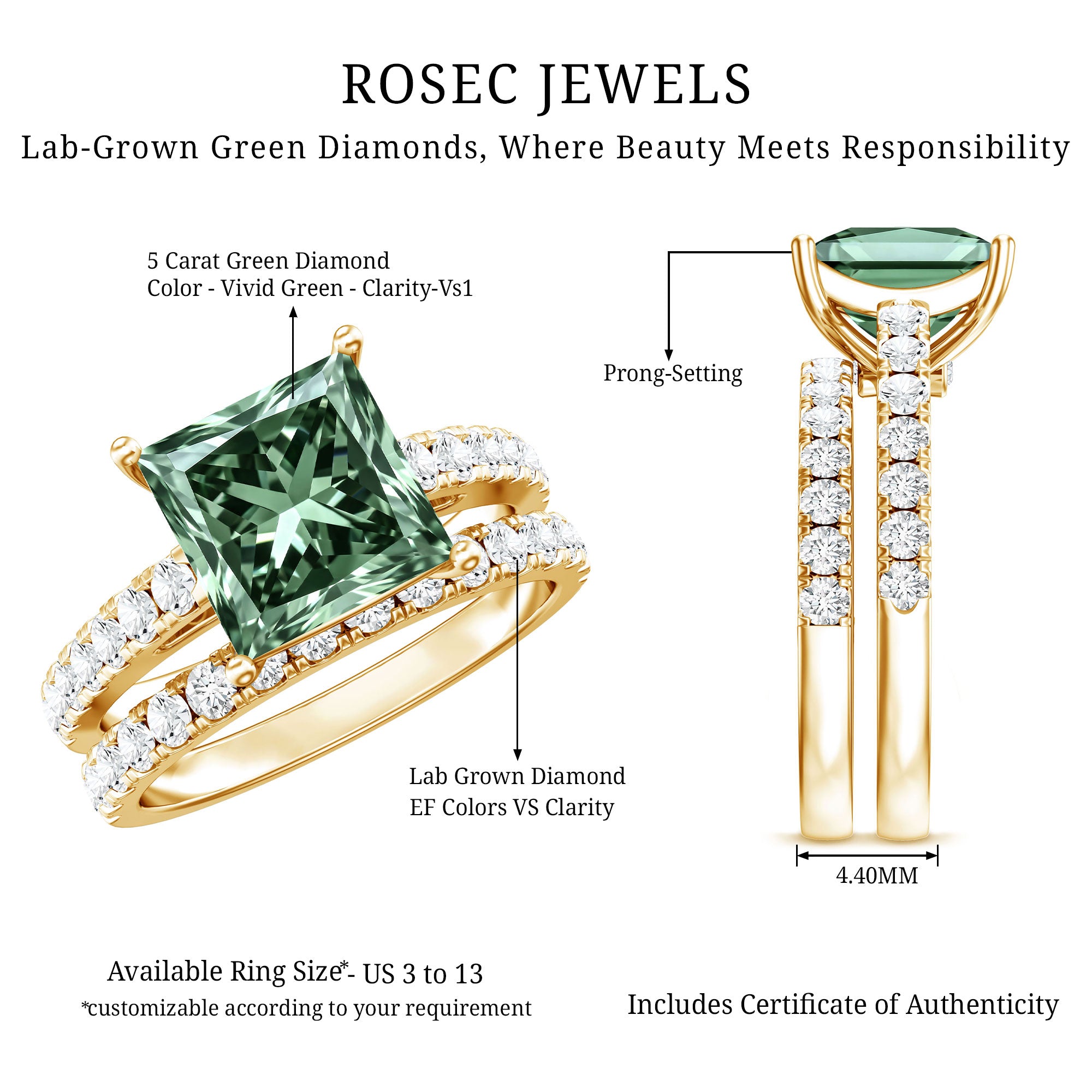 5 Carat Lab Grown Green and White Diamond Princess Cut Wedding Ring Set with IGI Certificate Vivid Green - VS1 - Rosec Jewels