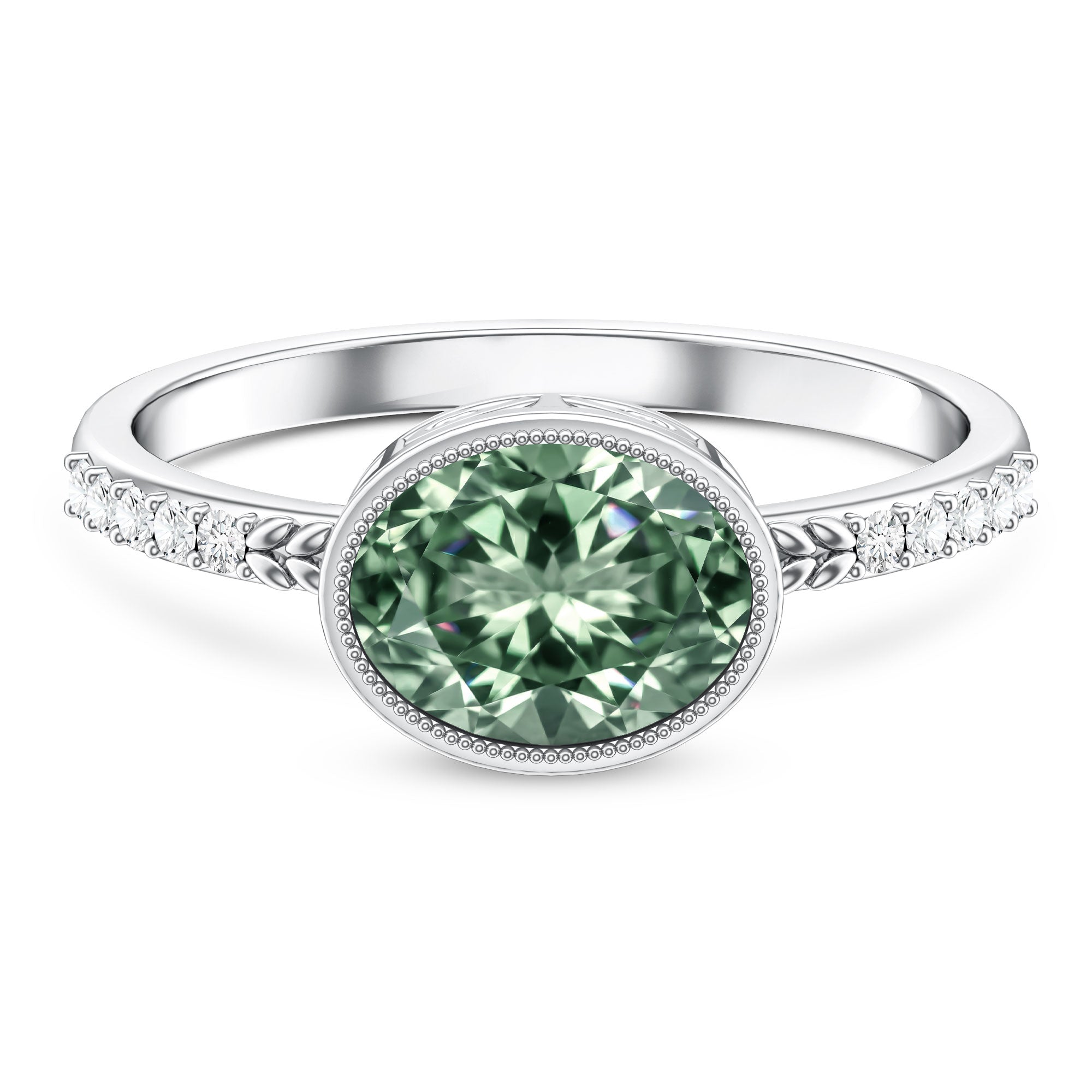 2 Carat Lab Grown Green Diamond East West Oval Engagement Ring with IGI Certificate Vivid Green - VS1 - Rosec Jewels