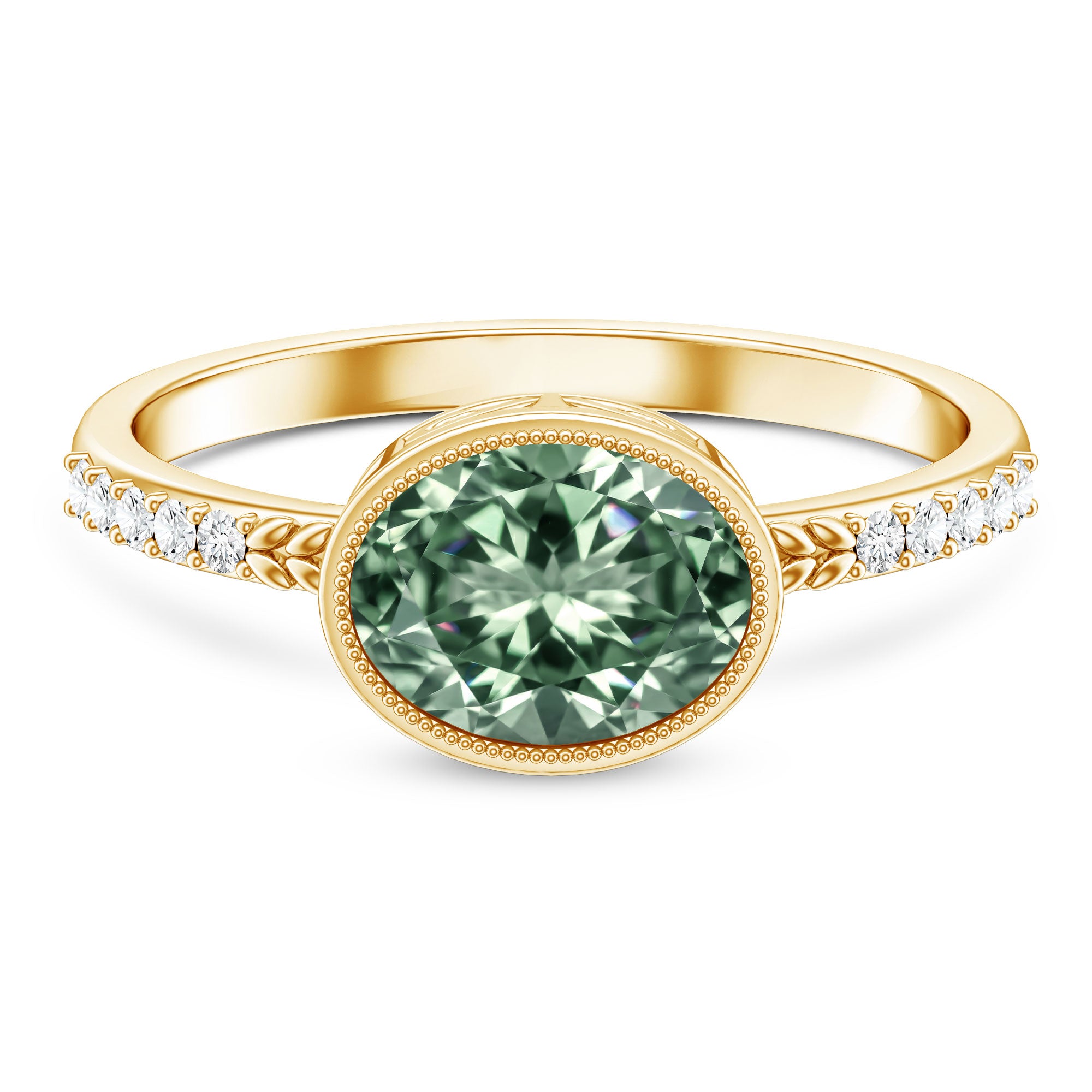 2 Carat Lab Grown Green Diamond East West Oval Engagement Ring with IGI Certificate Vivid Green - VS1 - Rosec Jewels