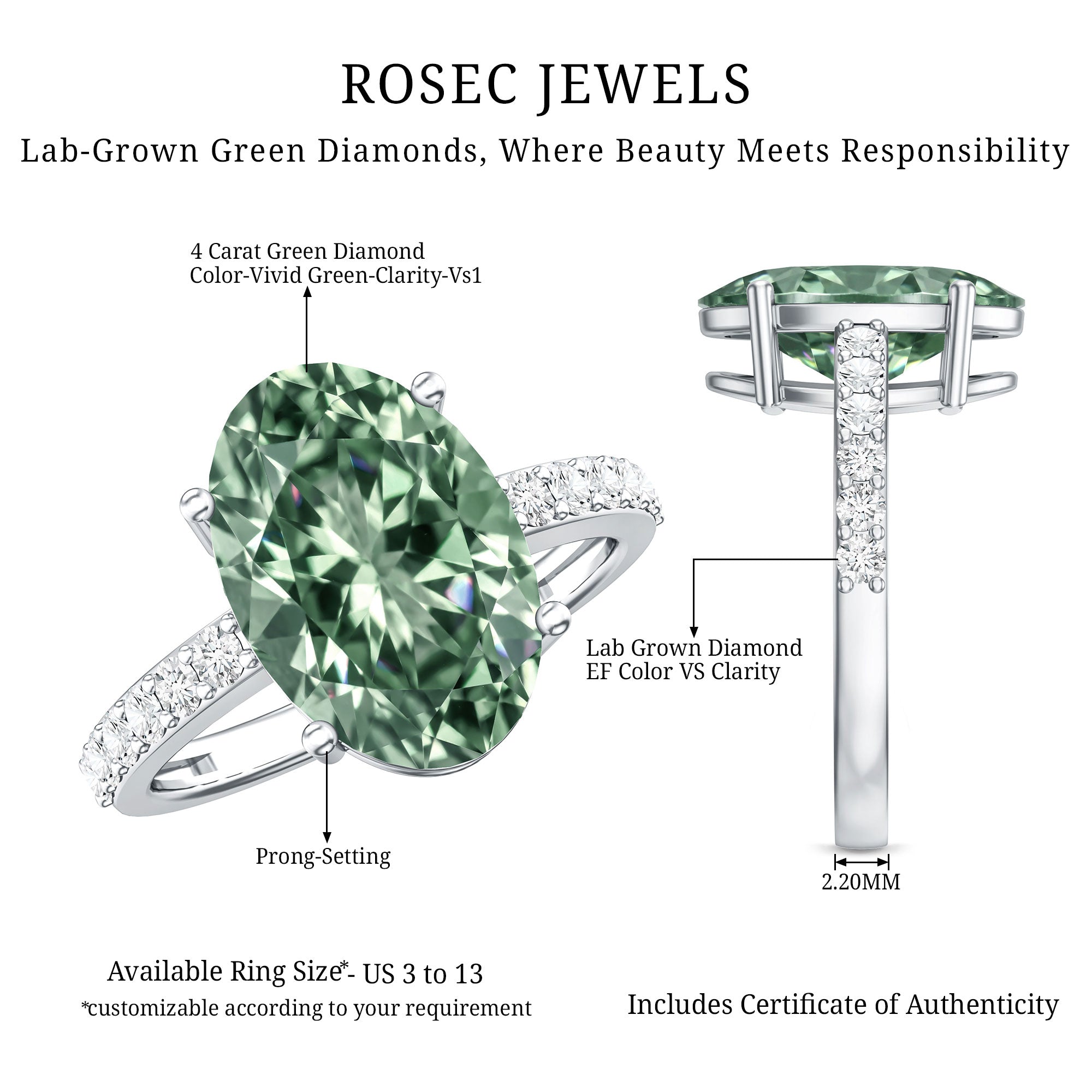 Elongated 4 Carat Oval Lab Grown Green Diamond Engagement Ring IGI Certified Vivid Green - VS1 - Rosec Jewels