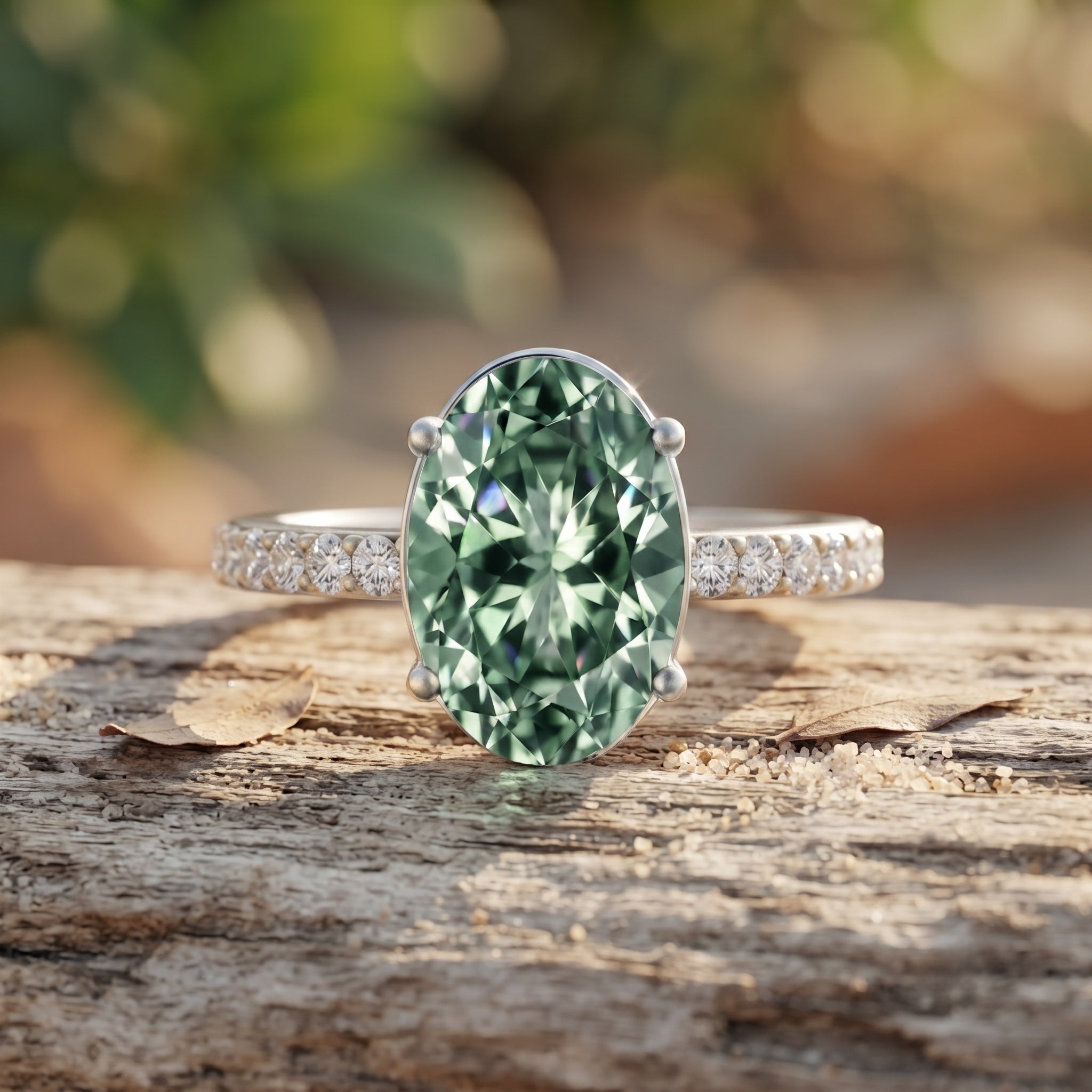 Elongated 4 Carat Oval Lab Grown Green Diamond Engagement Ring IGI Certified Vivid Green - VS1 - Rosec Jewels